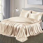 Ersmak 7 Pieces Satin Sheets Set California King Size, Luxury Silky Beige Satin Bed Sheets Set With 1 Deep Pocket Fitted Sheet,