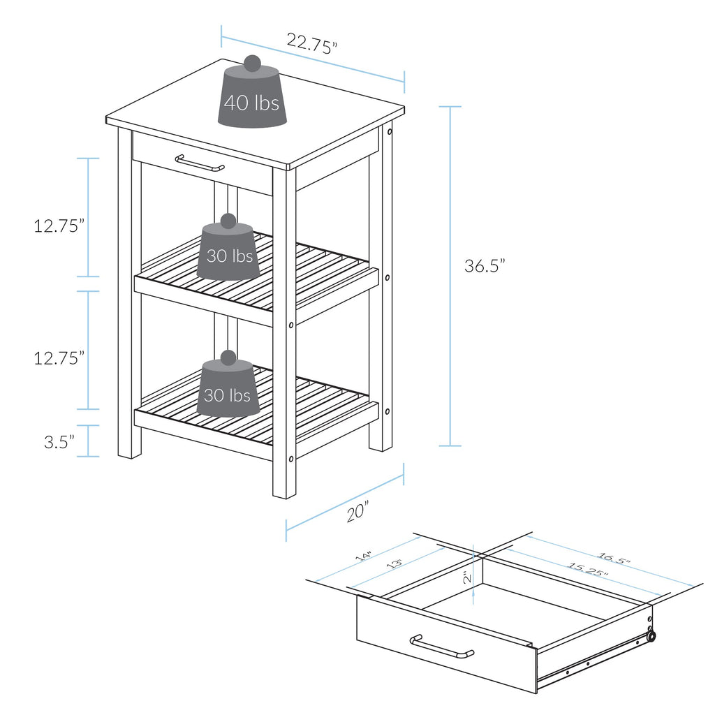 Casual Home Sunrise (Small) with Solid Harvest Hardwood Top Kitchen Island, 22.75"W, Natural&White