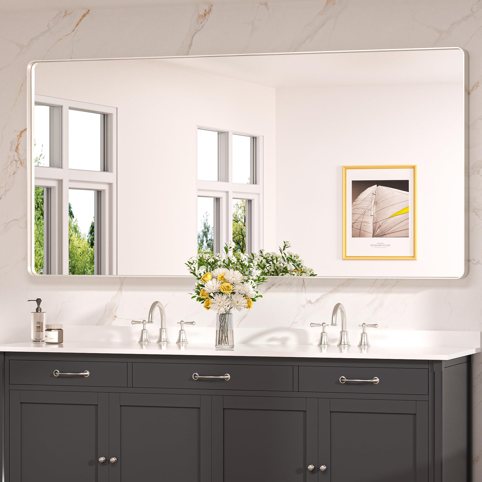 Keonjinn 72 x 36 Brushed Nickel Bathroom Vanity Mirror, Large Rounded Rectangle Bathroom Mirrors for over Sink, Metal Framed Sil