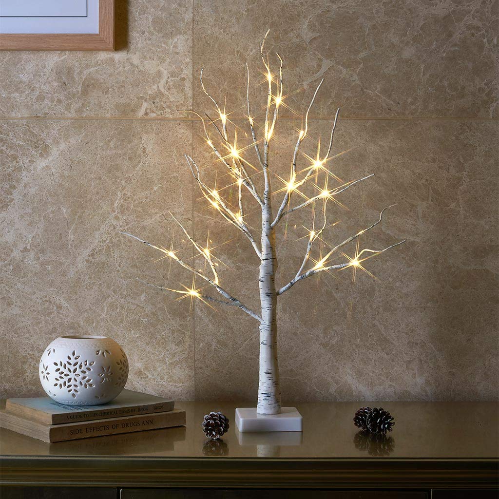 EAMBRITE Tabletop Birch Tree Christmas Decorations, White Birch Tree with Lights, 24 LED Lighted Mini Money Tree Twig Tree Batte