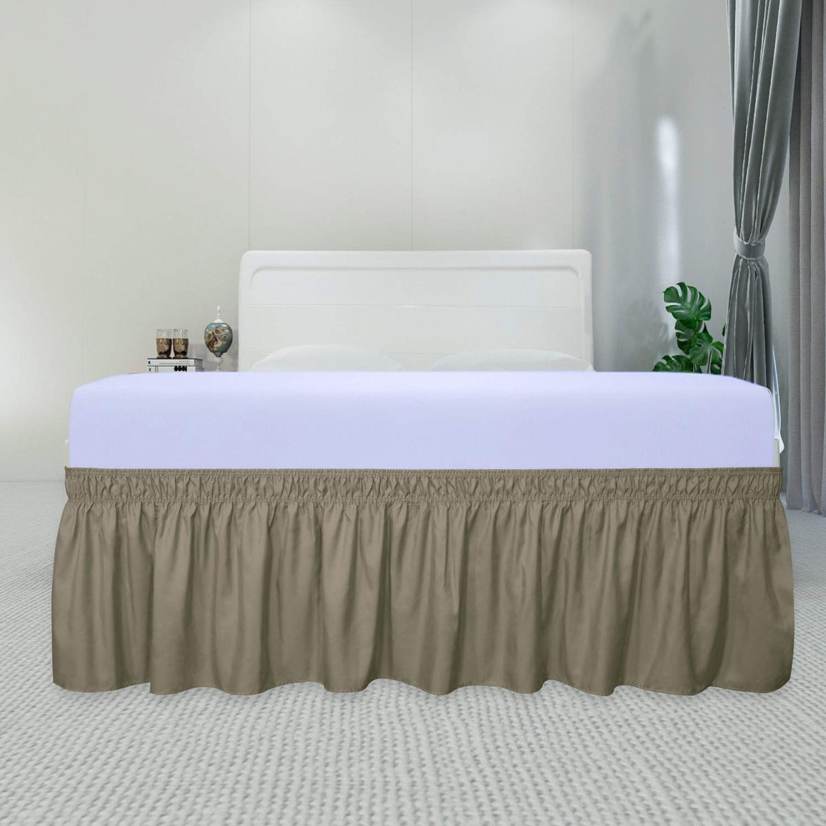 Purefit Wrap Around Ruffled Bed Skirt With Adjustable Elastic Belt - 18 Inch Drop Easy To Put On, Wrinkle Free Bedskirt Dust Ruffles, Bed Frame Cover For Twin,Twin Xl And Full Size Beds, Sand