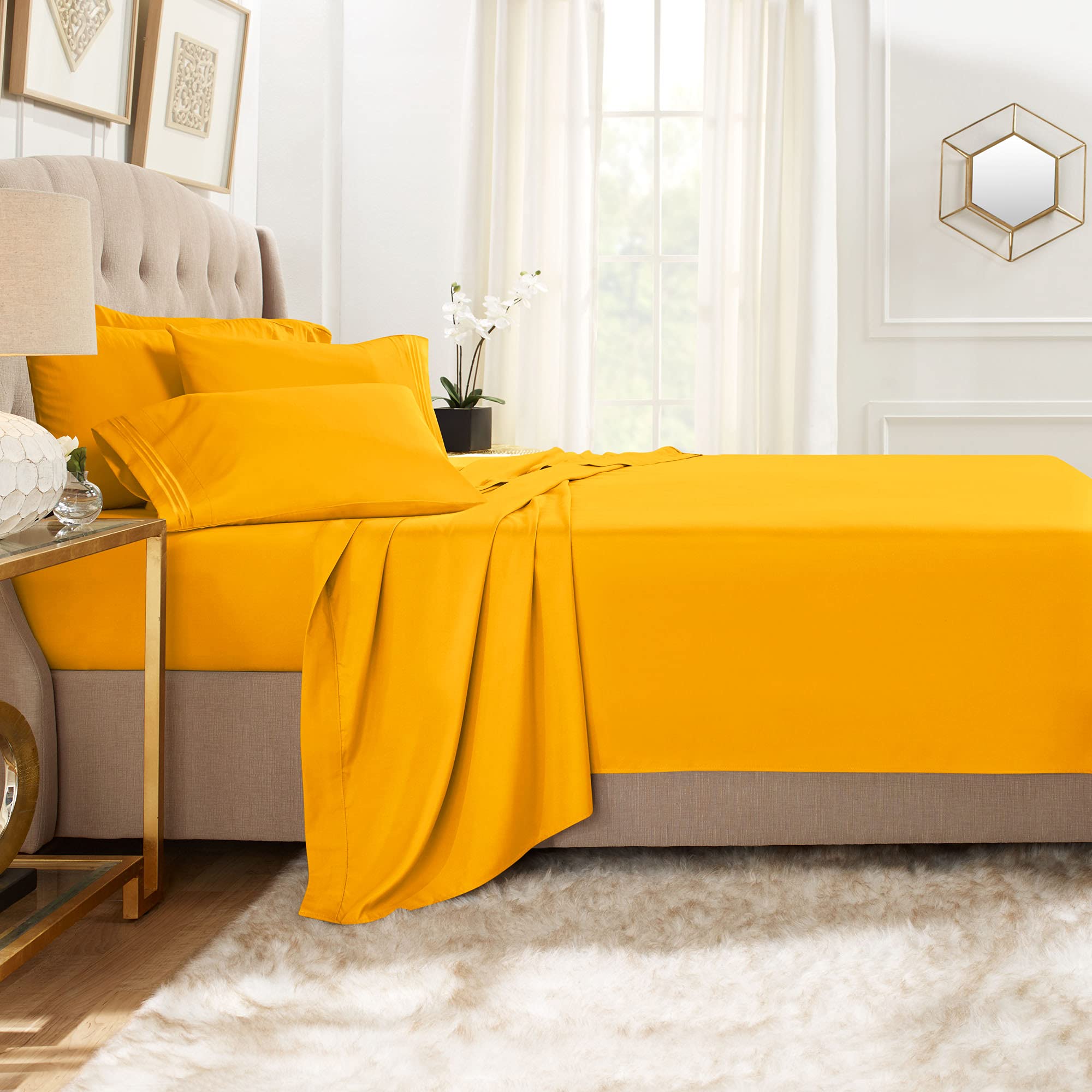 Clara Clark Full Sheets, 6 Piece Set - Hotel Luxury Sheets For Full Size Bed, Super Soft Bedding Sheets & Pillowcases, Full Size Sheets, Yellow