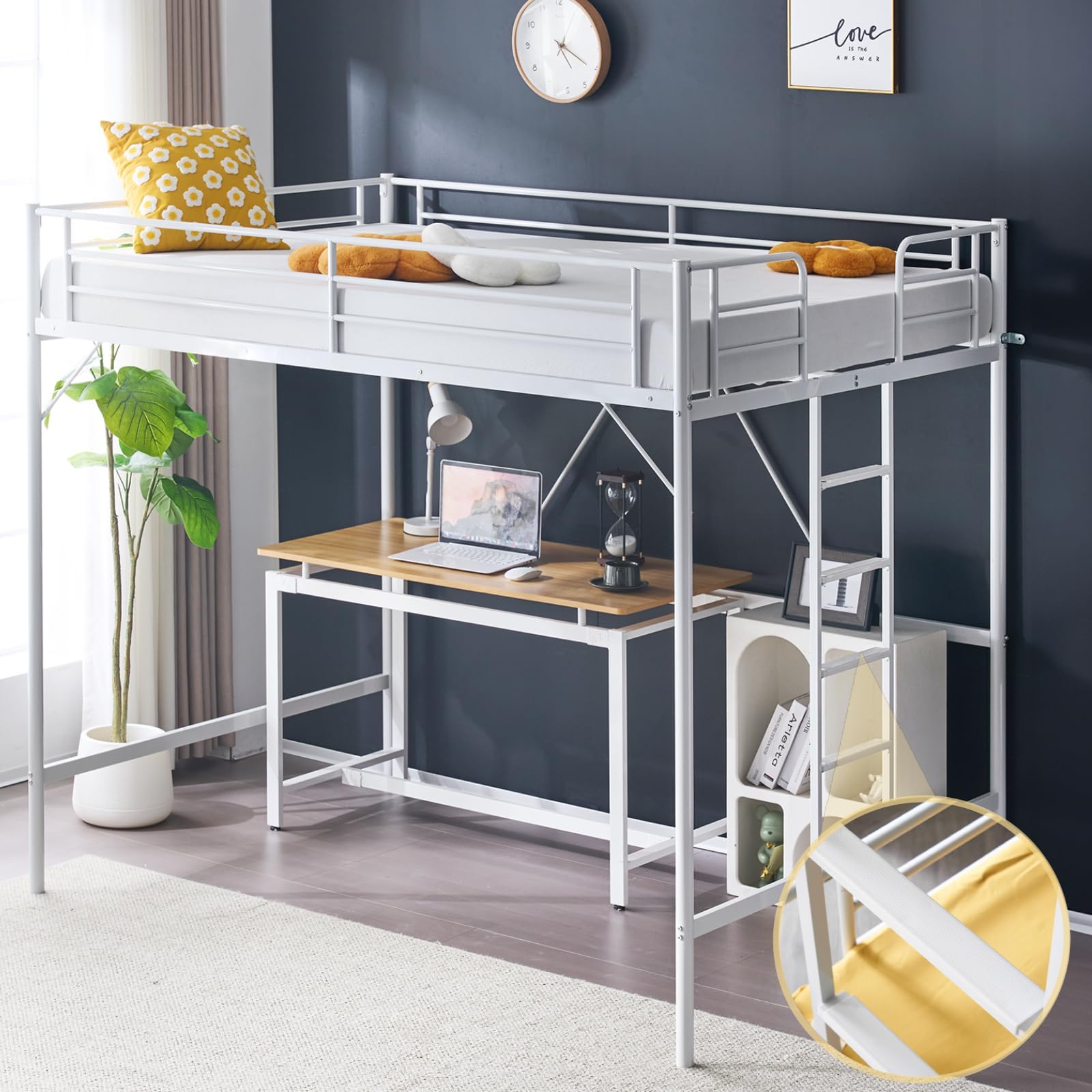 VINGLI Loft Bed Full Size with Flat Rungs for Adults, Kids and Young Teens, No Box Spring Required,Heavy Duty Metal Slat Support