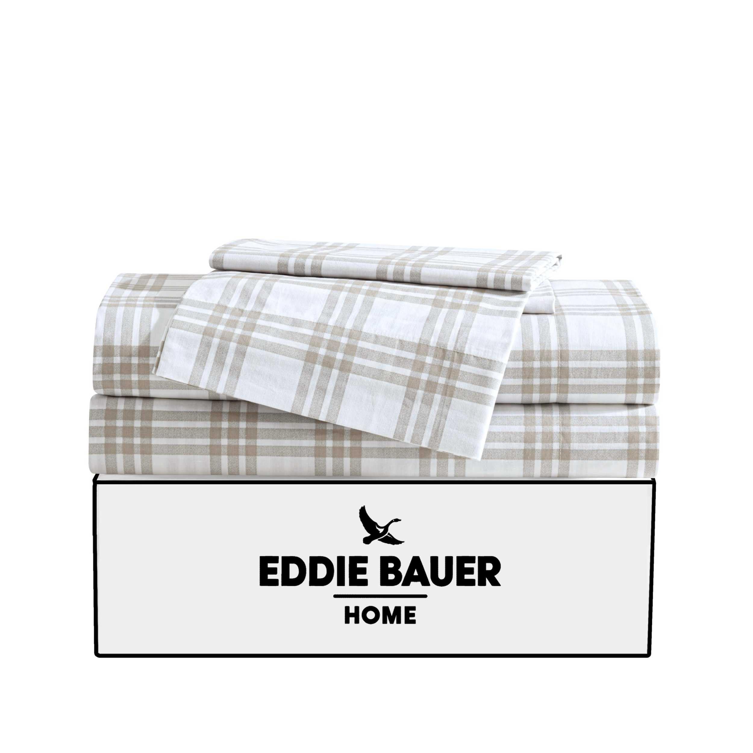 Eddie Bauer - Full Sheet Set, Cotton Percale Bedding Set, Super Soft And Cozy Home Decor, Oeko-Tex Certified (Basic Plaid Beige, Full)
