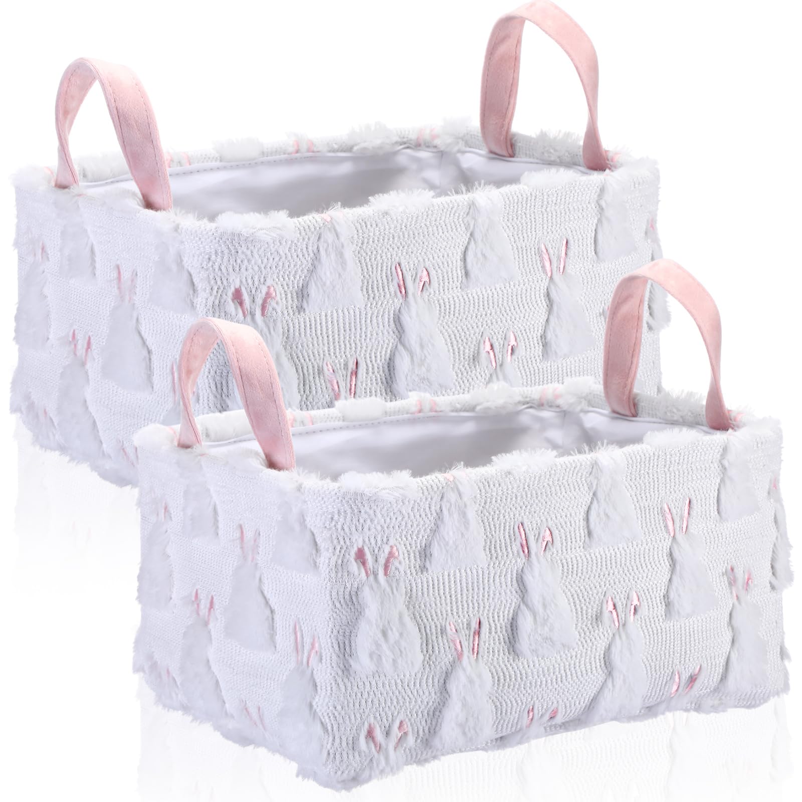 Yiyiring 2 Pcs Easter Bunny Basket White Rabbit Storage Laundry Basket 14x10 Inch Easter Bunny Storage Bin Foldable Fluffy Plush