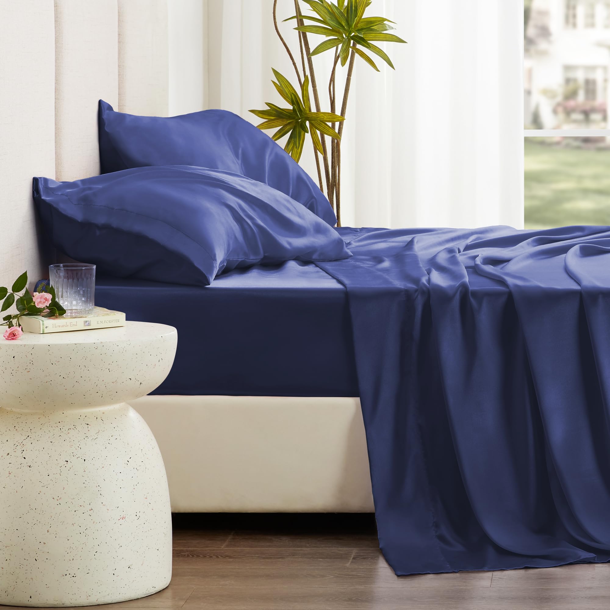 Love'S Cabin Satin Queen Sheets Set - 4 Piece Navy Blue Silky Satin Bed Sheets Queen Set With Deep Pocket, Luxury Silk Feel Sati
