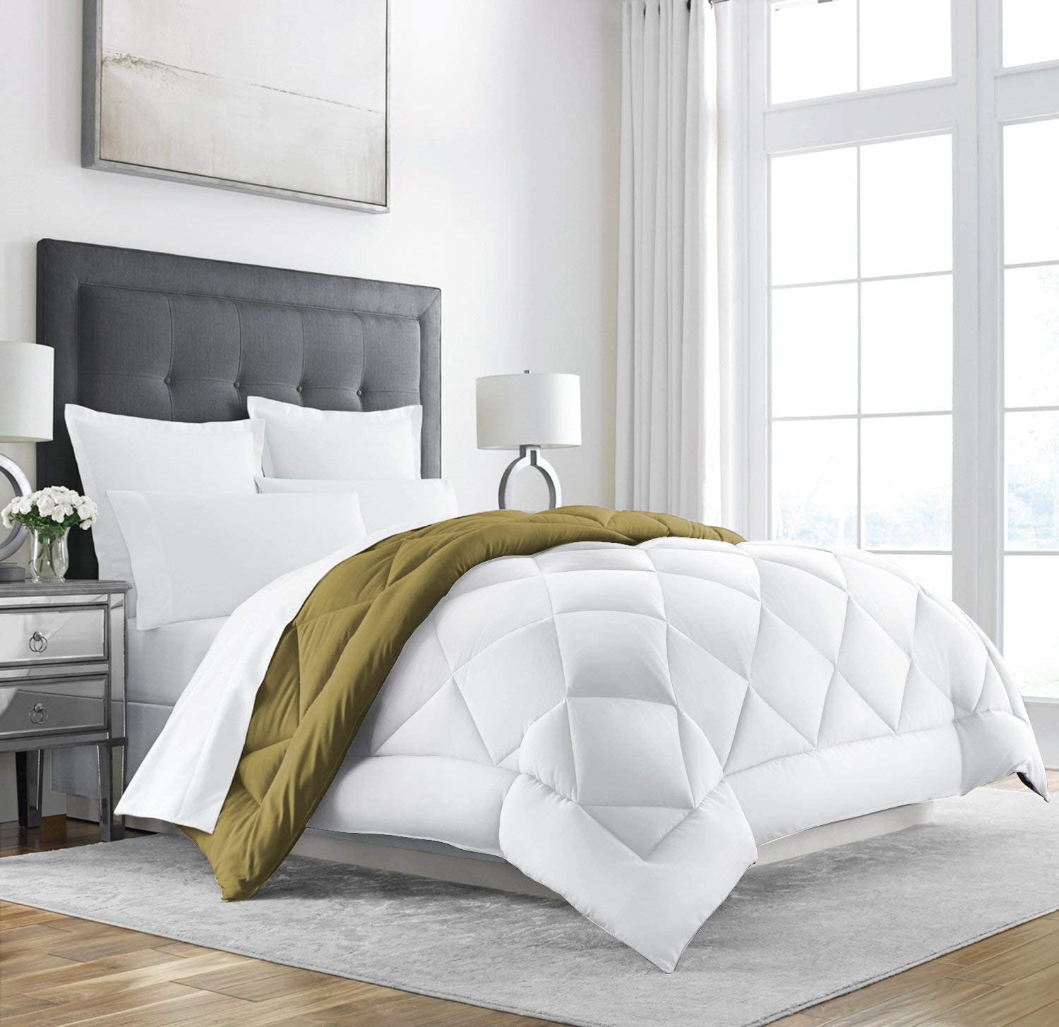 Texlux All Season Microfiber Reversable Duvet/Ac Comforter/Quilt  Mustard White  Single Size 60 Inch X 90 Inch