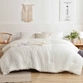 Nanko White Full Comforter Set, Tufted Jacquard Boho Soft Shabby Chic Reversible Down Alternative Microfiber Bedding - All Seaso