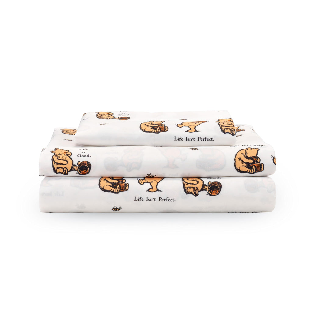 Berkshire Blanket Life Is Good Microfiber Sheets, Twin Size - 3 Pieces, Life Is Good Mini Winnie And Hunny Toss White, Cute Char