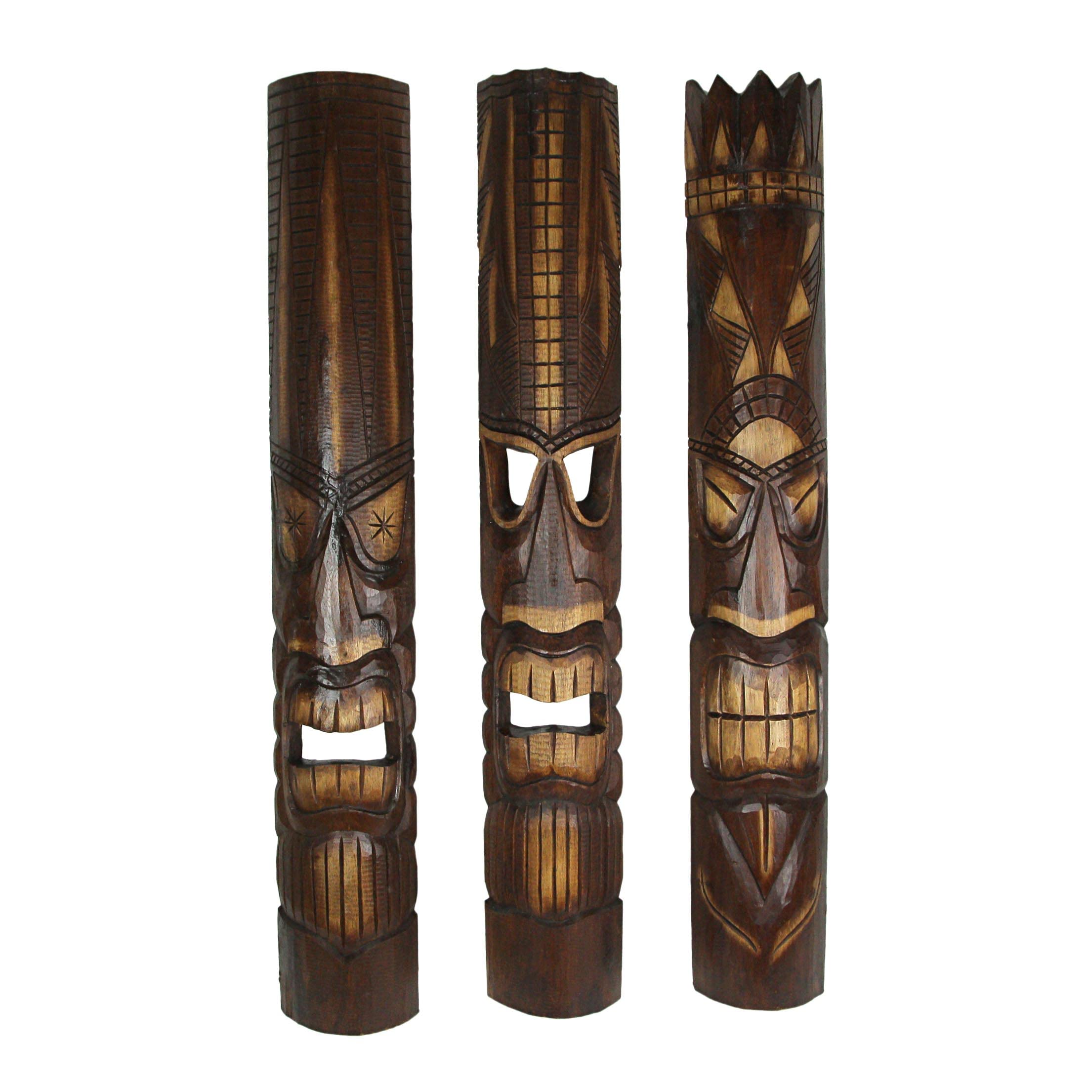 Set of 3 Hand-Carved Wood Tiki God Wall Hanging Masks 40 Inches High - Tropical Beach Home Decor - Symbolic Deities Kanaloa, Kan