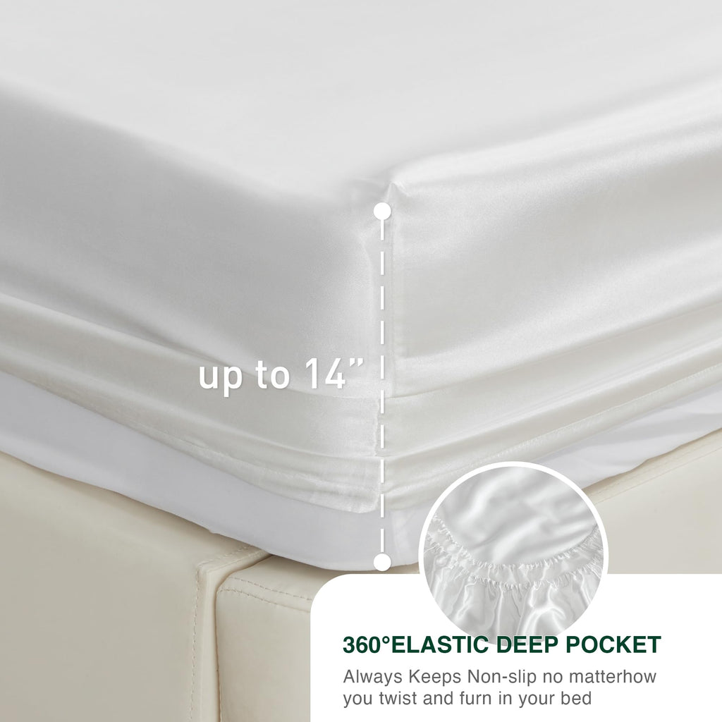Love'S Cabin Satin Queen Sheets Set - 4 Piece White Silky Satin Bed Sheets Queen Set With Deep Pocket, Luxury Silk Feel Satin Queen Size Sheet Set (1 Flat Sheet,1 Fitted Sheet,2 Pillow Cases)