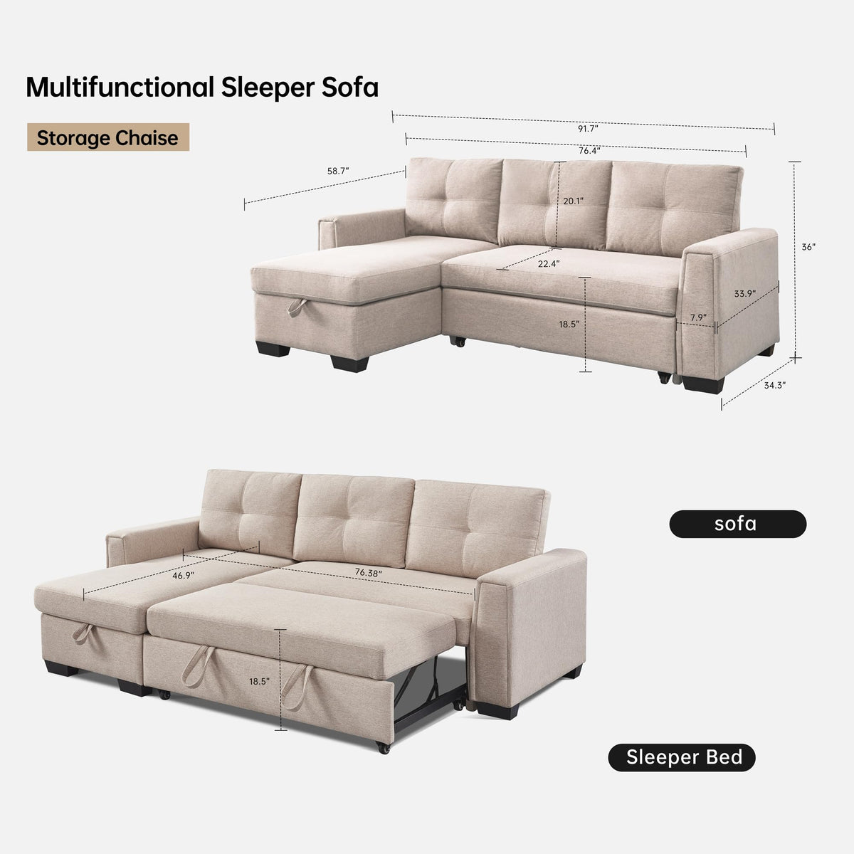 American Furniture Classics Beige Tufted Sectional Chaise Sofa Sleeper with Storage, 92" x 59" x 36"