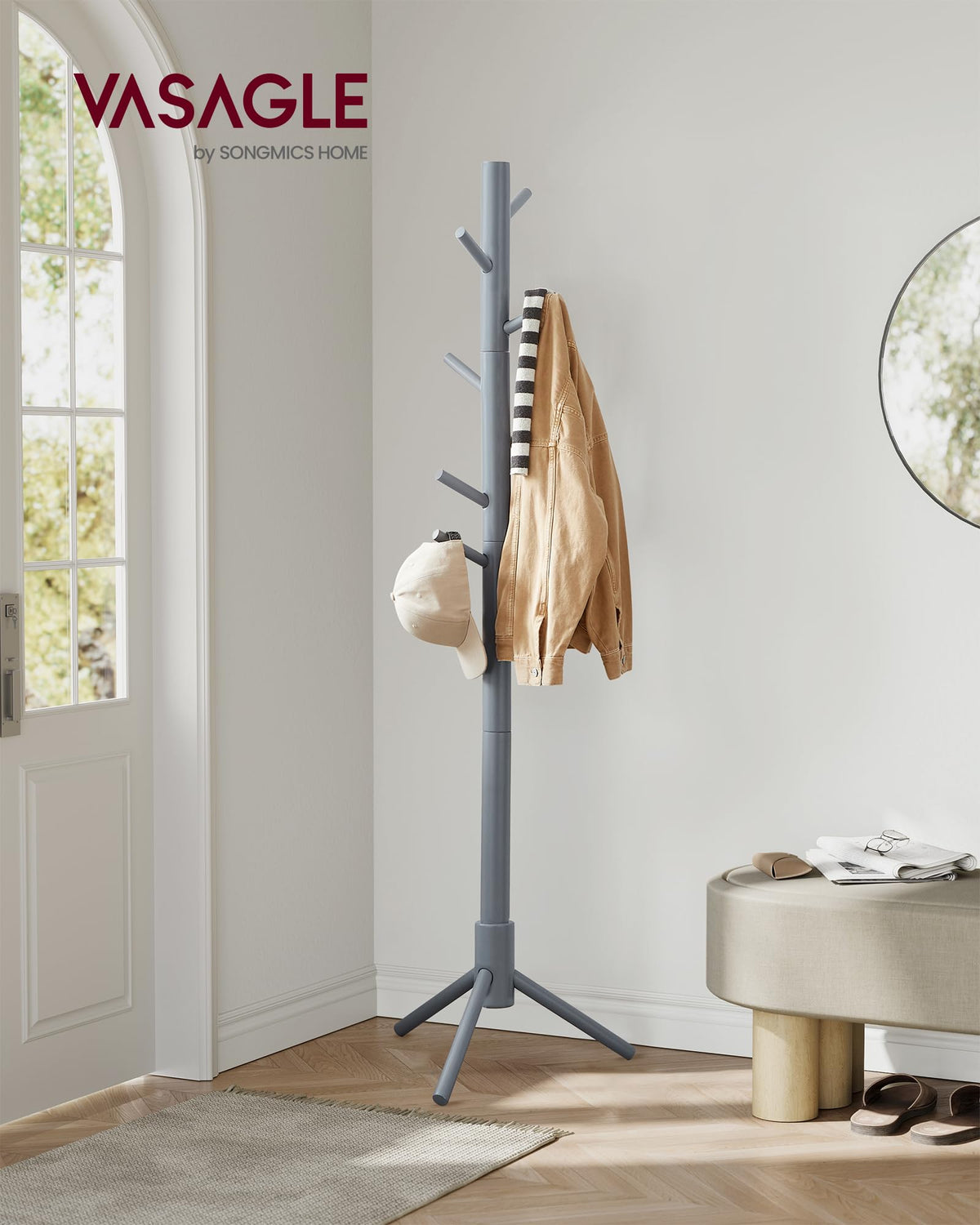 Vasagle Solid Wood Coat Rack, Free Standing Coat Rack, Tree-Shaped Coat Rack With 8 Hooks, 3 Height Options, For Clothes, Hats, Bags, For Living Room, Bedroom, Home Office, Grey Urcr04Gy