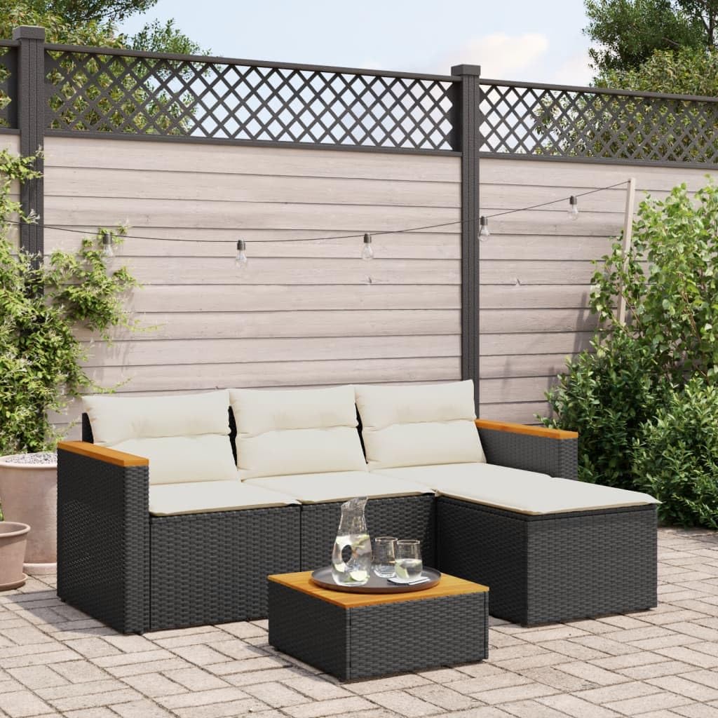 vidaXL 3-Piece Black Poly Rattan Patio Sofa Set with Acacia Wood Table - Outdoor Lounge Furniture with Cushions - Modular Garden Seating for Backyard, Terrace, Deck
