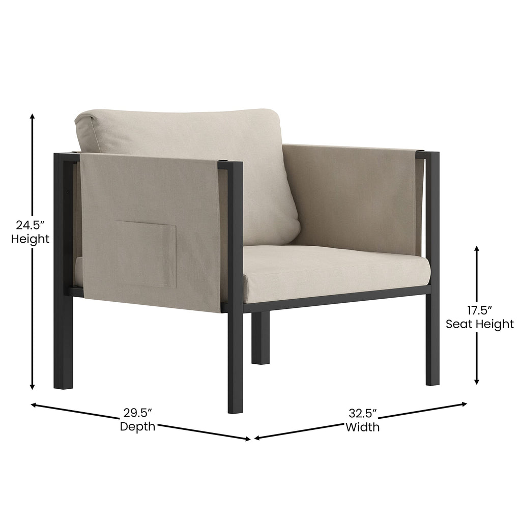 Flash Furniture Lea Indoor/Outdoor Patio Chair With Cushions - Modern Steel Framed Chair With Storage Pockets, Black With Beige Cushions