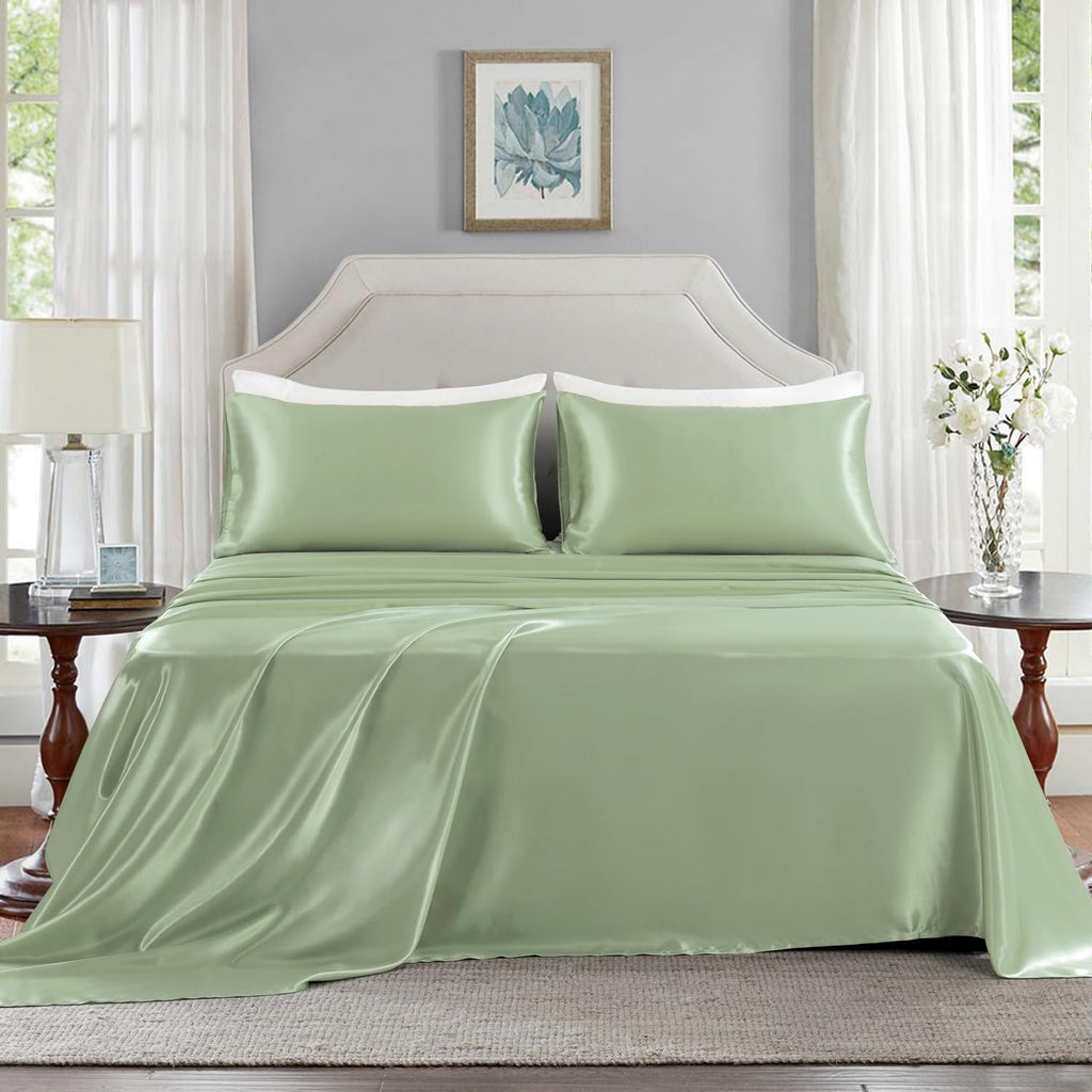 Golal Satin Sheets Full Size - 4 Pieces Luxury Silky Soft Bed Sheets, Wrinkle-Free Sage Green Satin Silk Sheet Set With 1 Deep Pocket Fitted Sheet, 1 Flat Sheet, 2 Pillow Cases