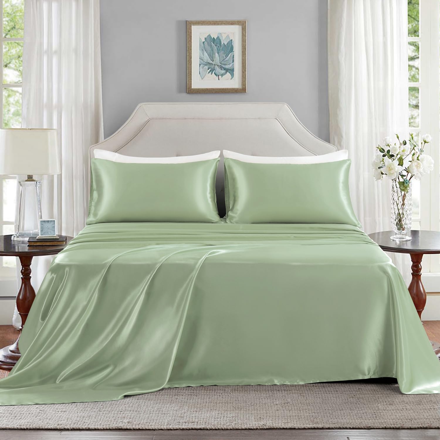 Golal Satin Sheets Full Size - 4 Pieces Luxury Silky Soft Bed Sheets, Wrinkle-Free Sage Green Satin Silk Sheet Set With 1 Deep Pocket Fitted Sheet, 1 Flat Sheet, 2 Pillow Cases