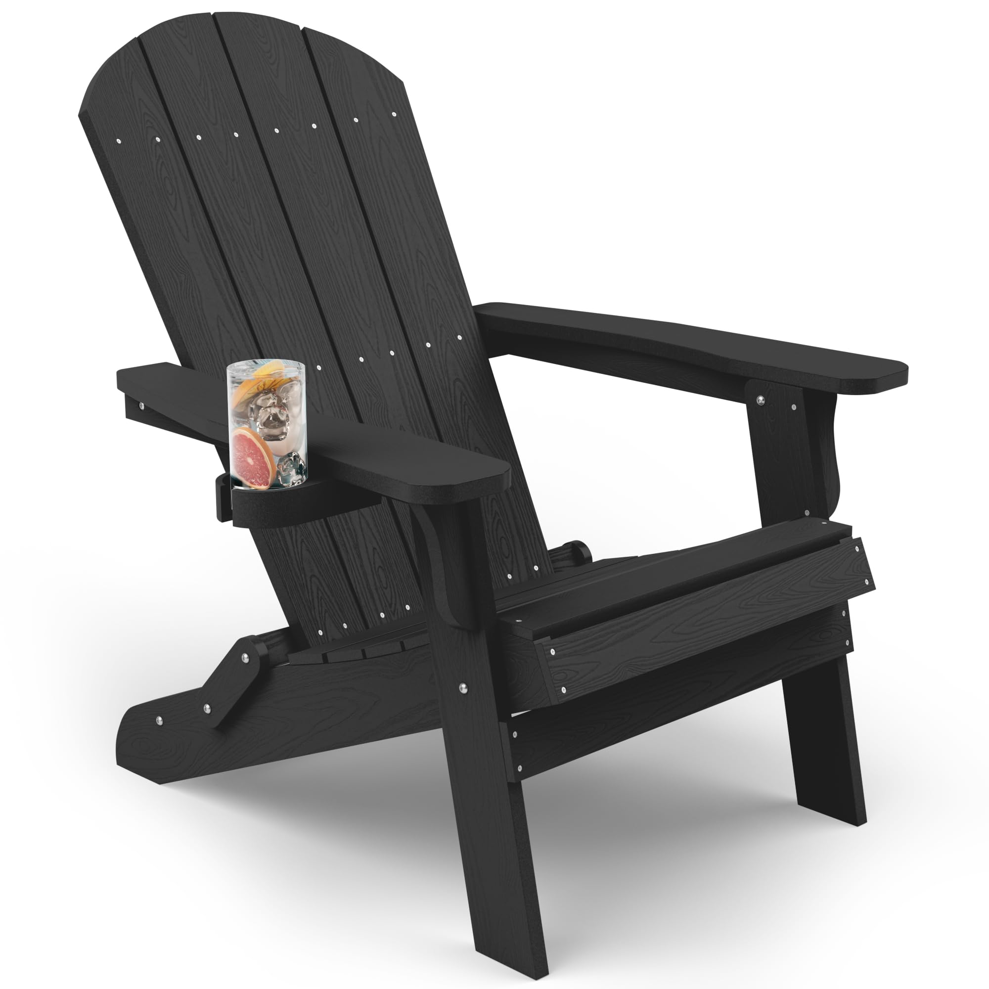Yefu Adirondack Chair, Oversized Plastic Adirondack Chair Folding Outdoor Chairs With Cup Holder, Lawn Chair With Weather Resistant For Outside Deck Lawn Garden, Weight Capacity Up To 400 Lbs(Black)