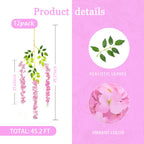 12 Pack Pink Wisteria Hanging Flowers Garland, 3.77 Feet Pink Artificial Wisteria Flower Vines, Fake Pink Wisteria, Pink Flower