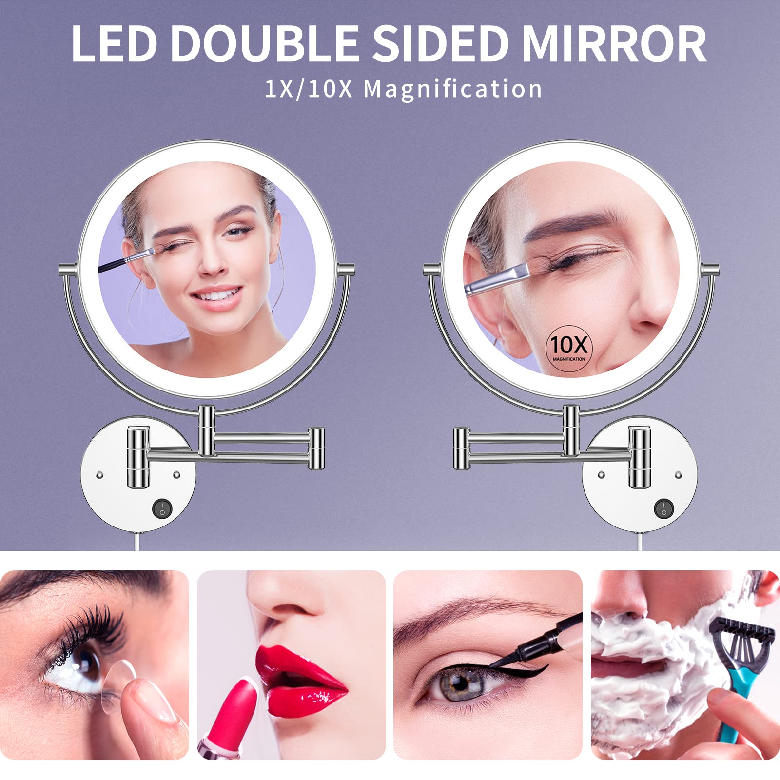 Benbilry LED Wall Mounted Makeup Mirror 9 Inch Double Sided 1x/10x Magnification Extendable Swivel Chrome