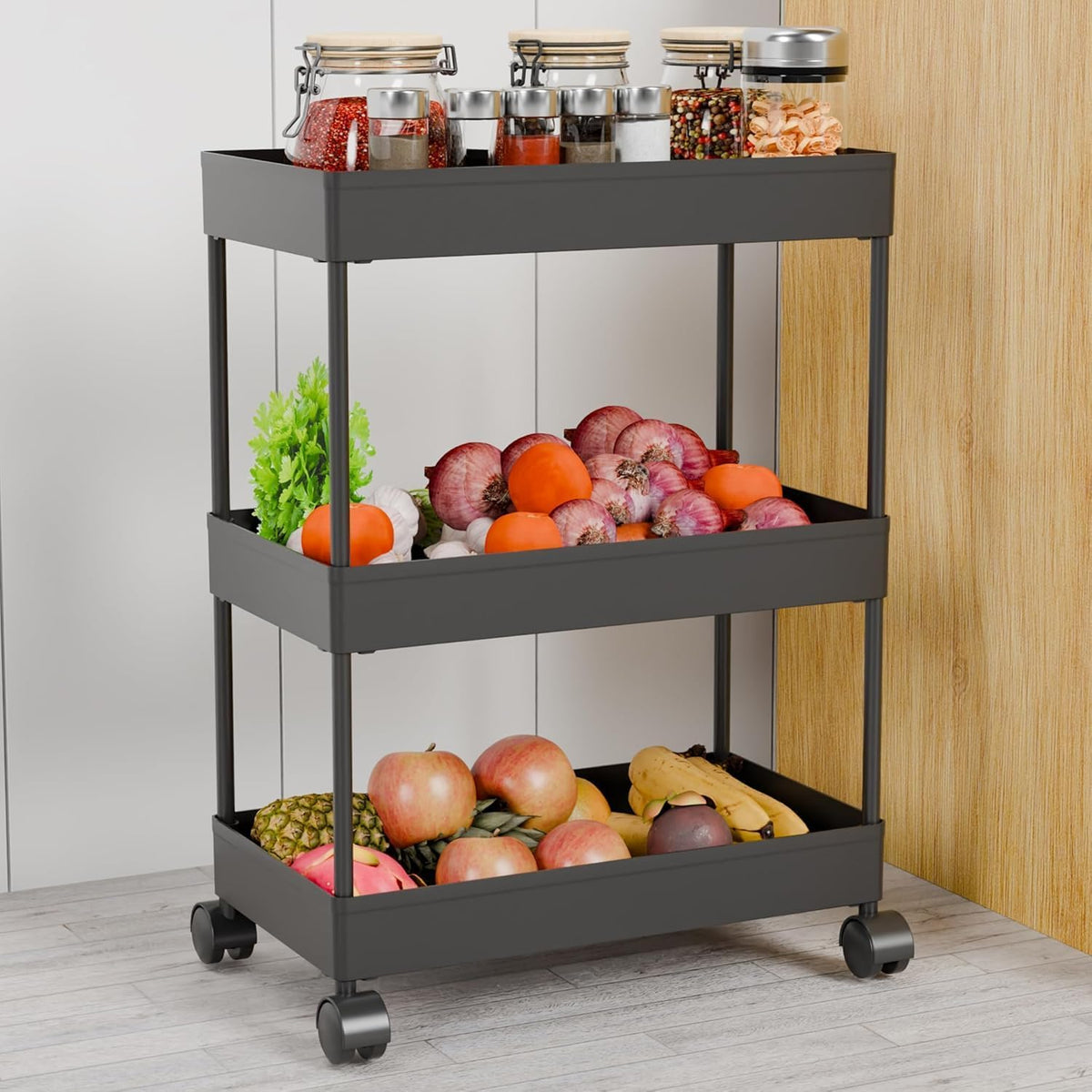 Sansanio 3 Layer Plastic Storage Rack With Wheels, Multipurpose 3 Tier Kitchen Organizer Trolley For Fruits, Vegetables & Househ