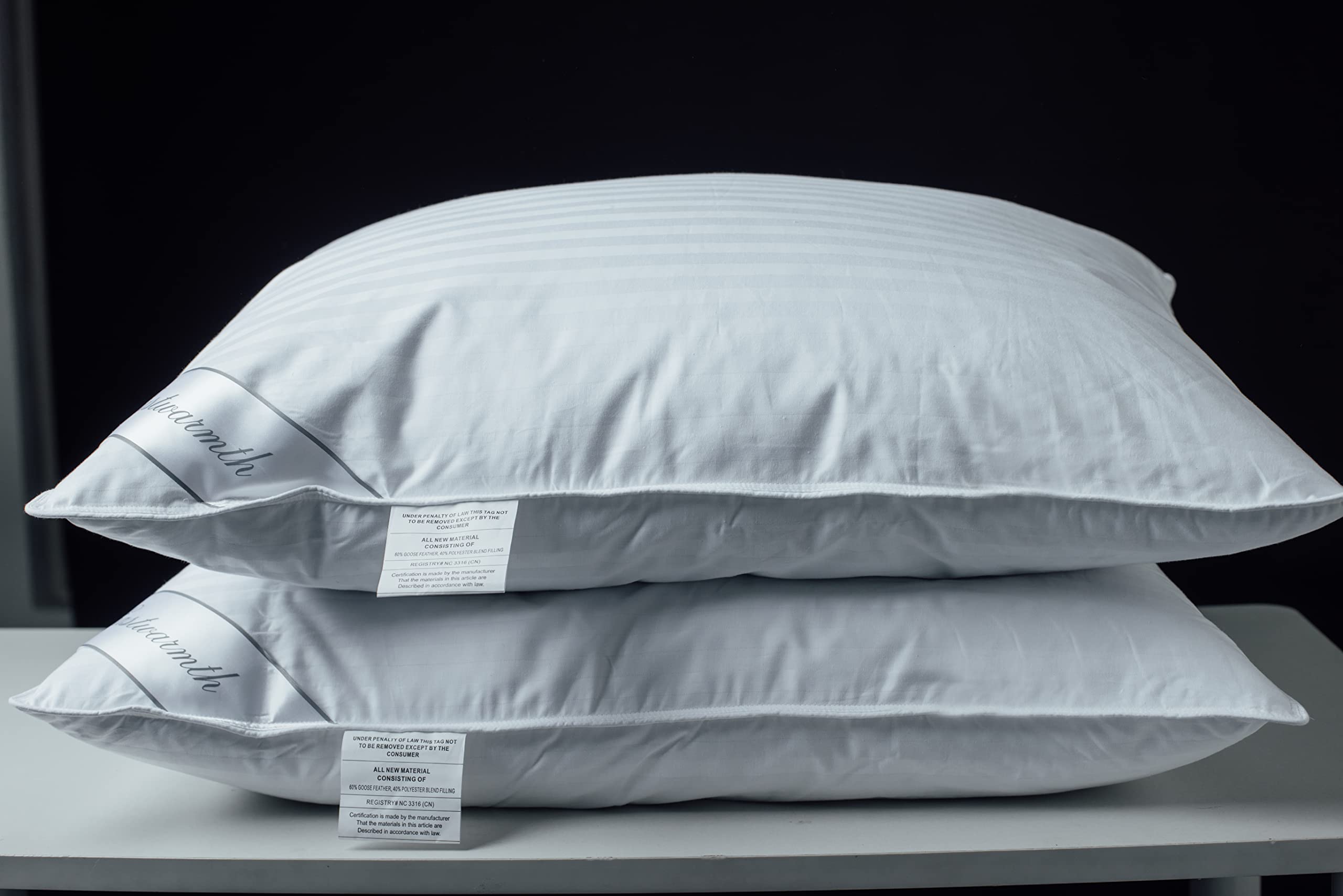 Eastwarmth Goose Feather Blend with Polyester Bed Pillows 100% Cotton, Medium Firm Soft Support Queen Pack of 2, Stripe White