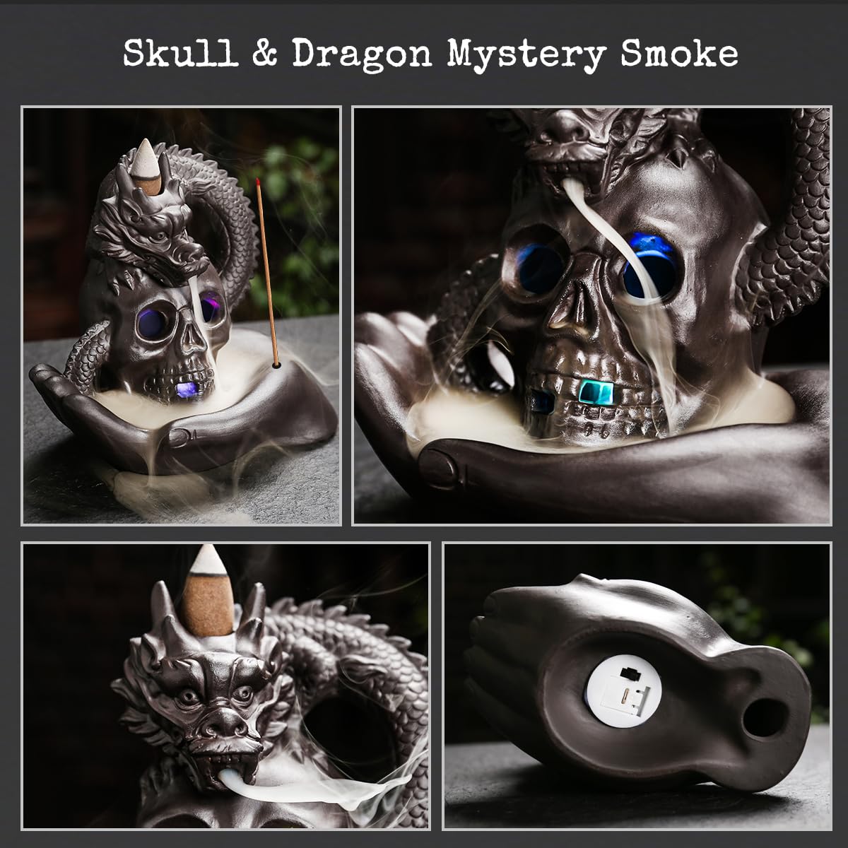 Haiswonsa Skull Dragon Incense Burner Holder - Backflow Waterfall Cone Incense Holder, Led Ceramic Unique Skeleton Incense Burne