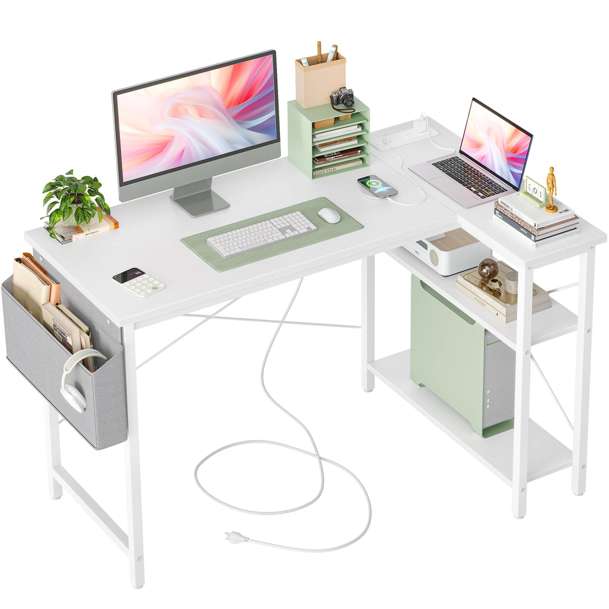 Tiqlab L Shaped Computer Desk With Power Outlets, 47 Inch Small Corner Desk With Reversible Shelves, Gaming Desk Computer Table