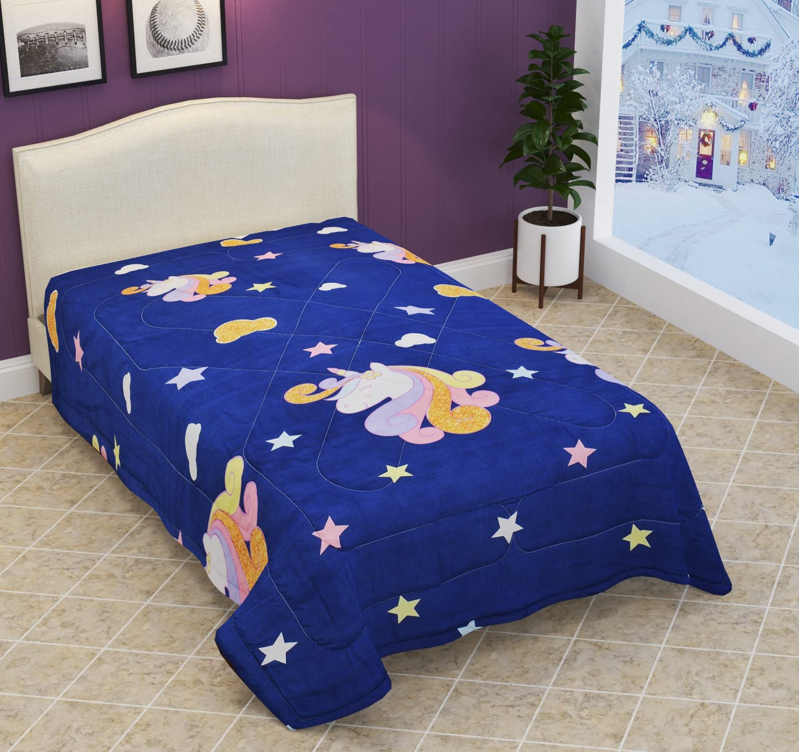 Kitch Deco Glace Cotton Single Bed Reversible Babies & Kids Comforter/Dohar/Quilt, 200 Gsm (60X90 Inches) (Unicorn Head)
