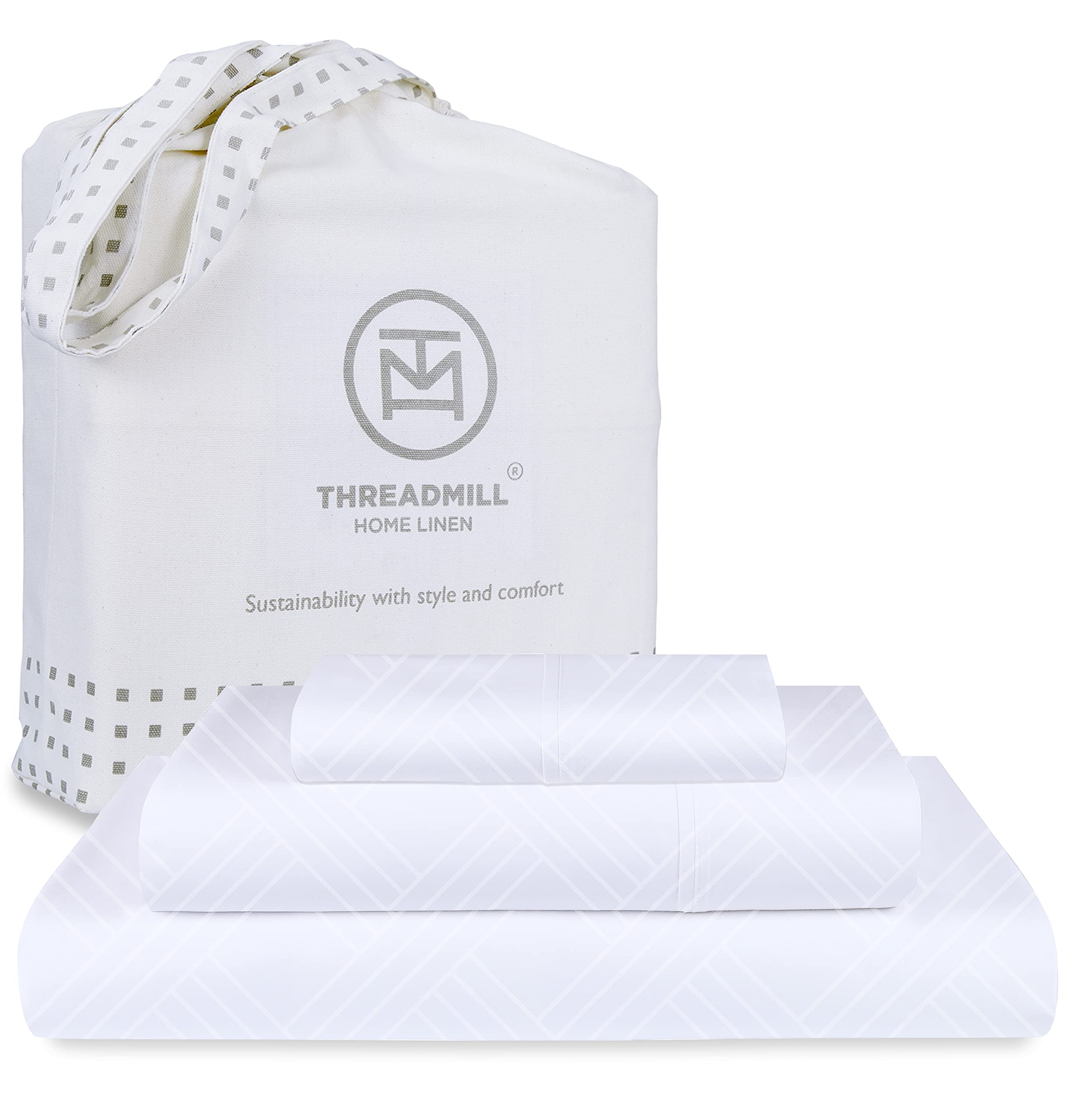 Threadmill Twin Bed-Sheets - 800 Thread Count Jacquard Celine Hotel White, 100% Natural Cotton 3 Piece Striped Bed Set, Extra Lo