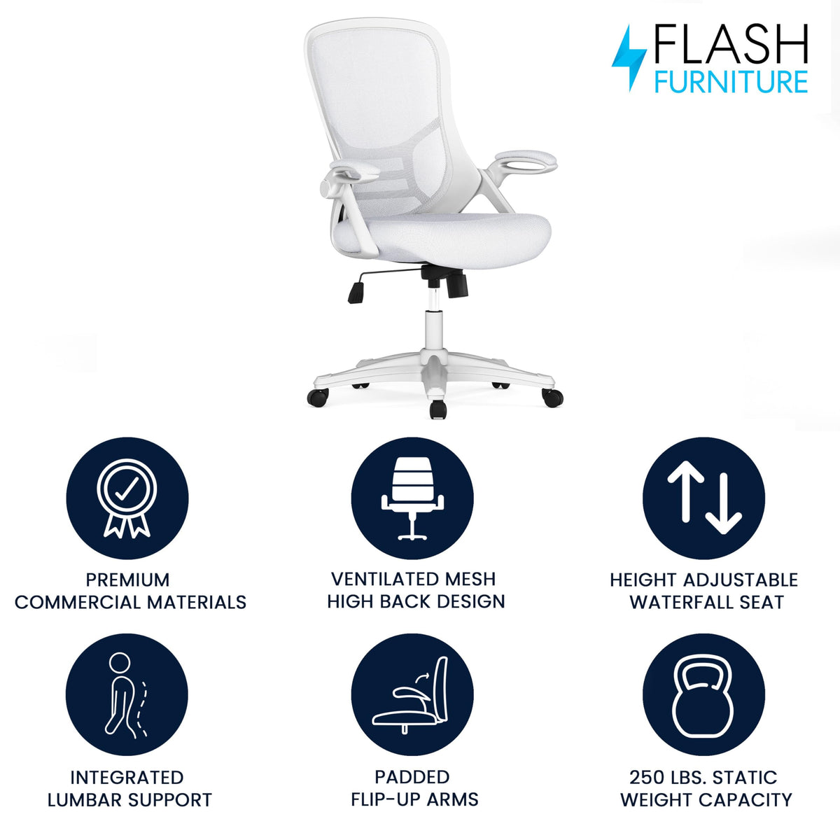 Flash Furniture Porter High-Back Swivel Office Chair with Adjustable Lumbar Support and Seat Height, Ergonomic Mesh Desk Chair with Flip-Up Armrests, White