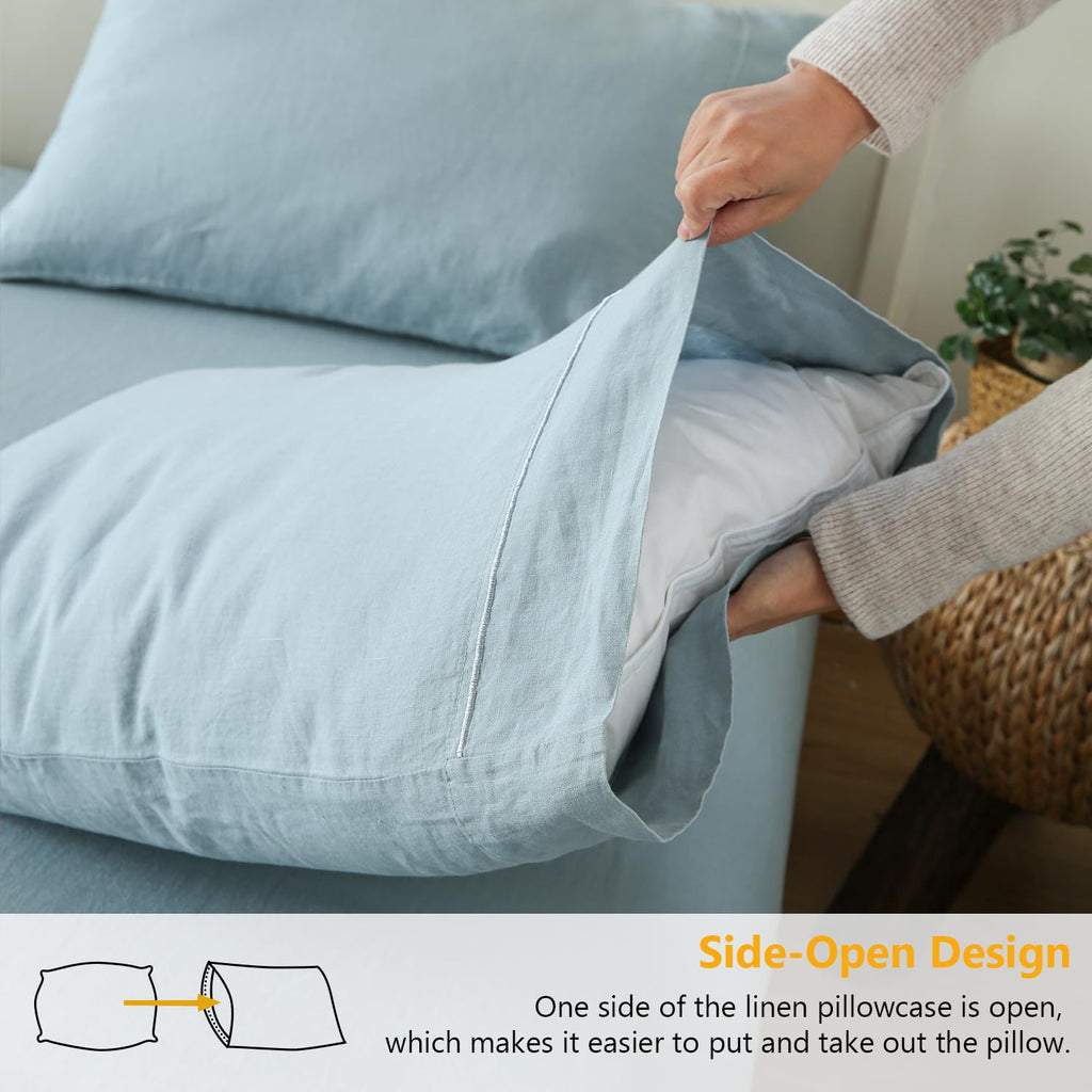 Simple&Opulence 100% French Linen Pillowcase Queen Size-Set Of 2- Washed Solid Color Pillow Cases Embroidered -Soft And Durable (Dusty Blue, 20''X30'')