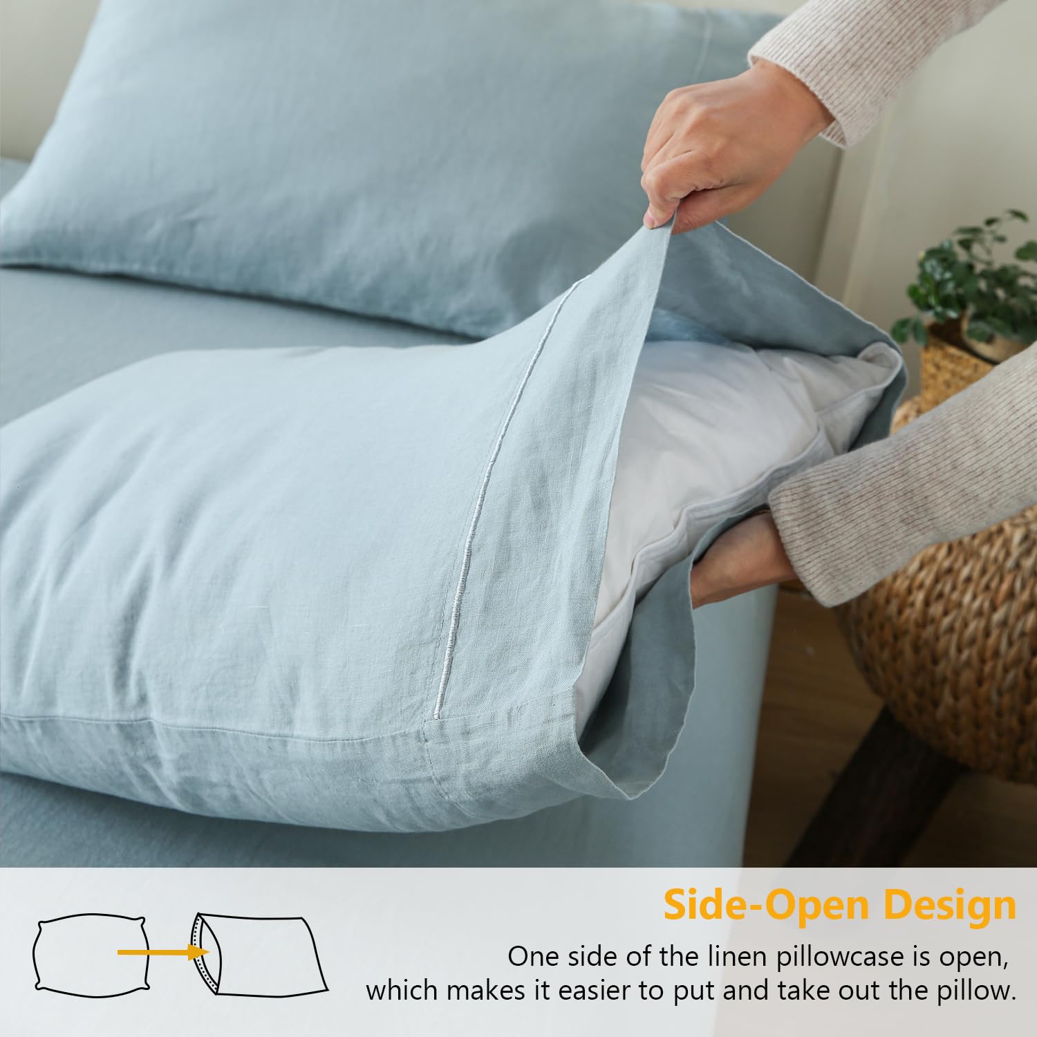 Simple&Opulence 100% French Linen Pillowcase Queen Size-Set Of 2- Washed Solid Color Pillow Cases Embroidered -Soft And Durable (Dusty Blue, 20''X30'')