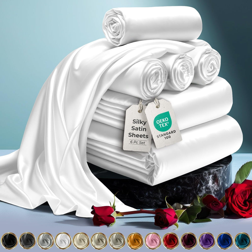 Decolure Satin Sheet Queen Set 6Pcs - Luxurious & Genuine Silk Feel Satin Sheets Queen - Elegant & All-Season Silky Soft Queen S