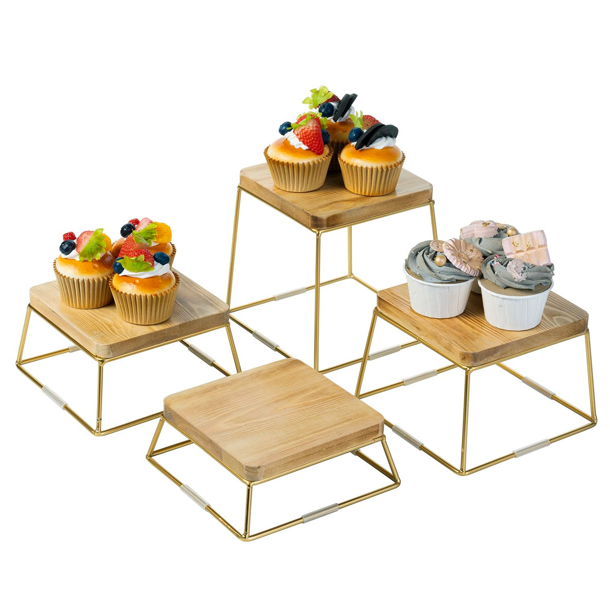 MyGift 6 Inch Square Burnt Natural Solid Wood and Gold Tone Metal Wire Cupcake Dessert Risers, Tabletop Pizza Food Serving Stand