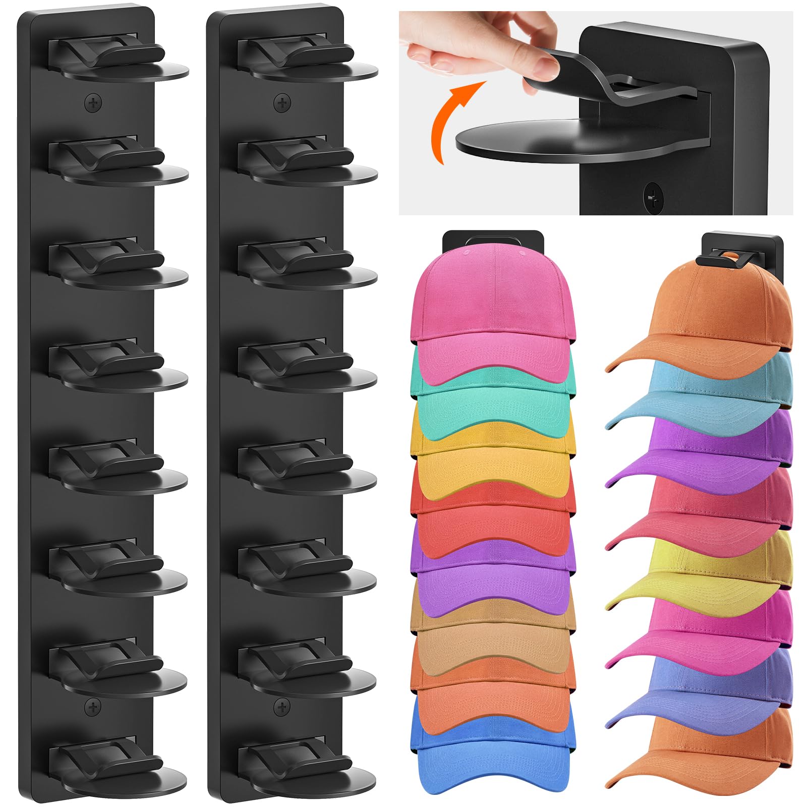 Eiito Hat Organizer for Baseball Caps, 2 Pack Strong Adhesive Hat Rack for Wall, Multilayer Hat Storage Display Holder, Wall Mou