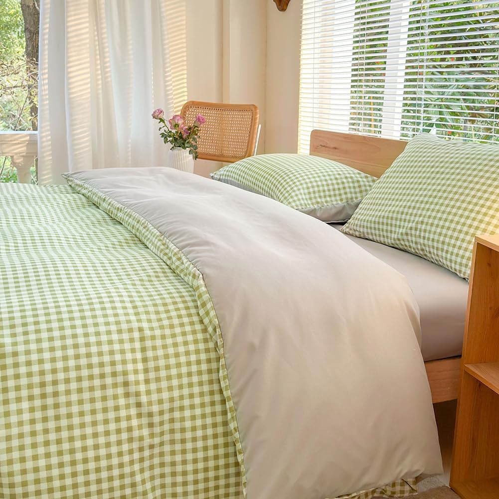 Nsnlgsgc Sage Green Gingham Duvet Cover Set Queen, Grid Simple Geometric Square Pattern Comforter Cover,Soft Plaid Washed Microf