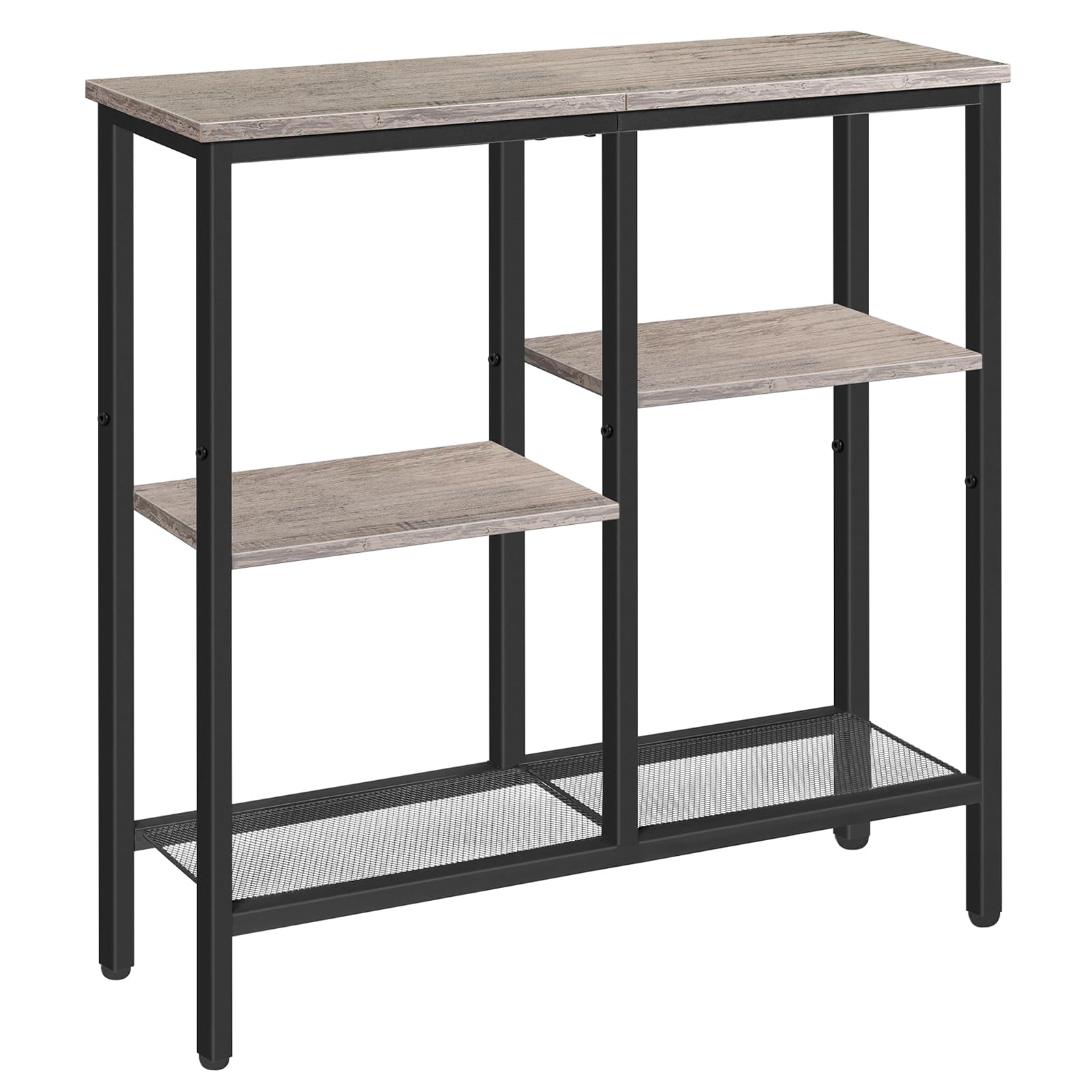 HOOBRO Console Table, Narrow Side Table, Sofa Table, 4-Tier Industrial Hallway Table with Metal Mesh Shelf and Adjustable Feet, 