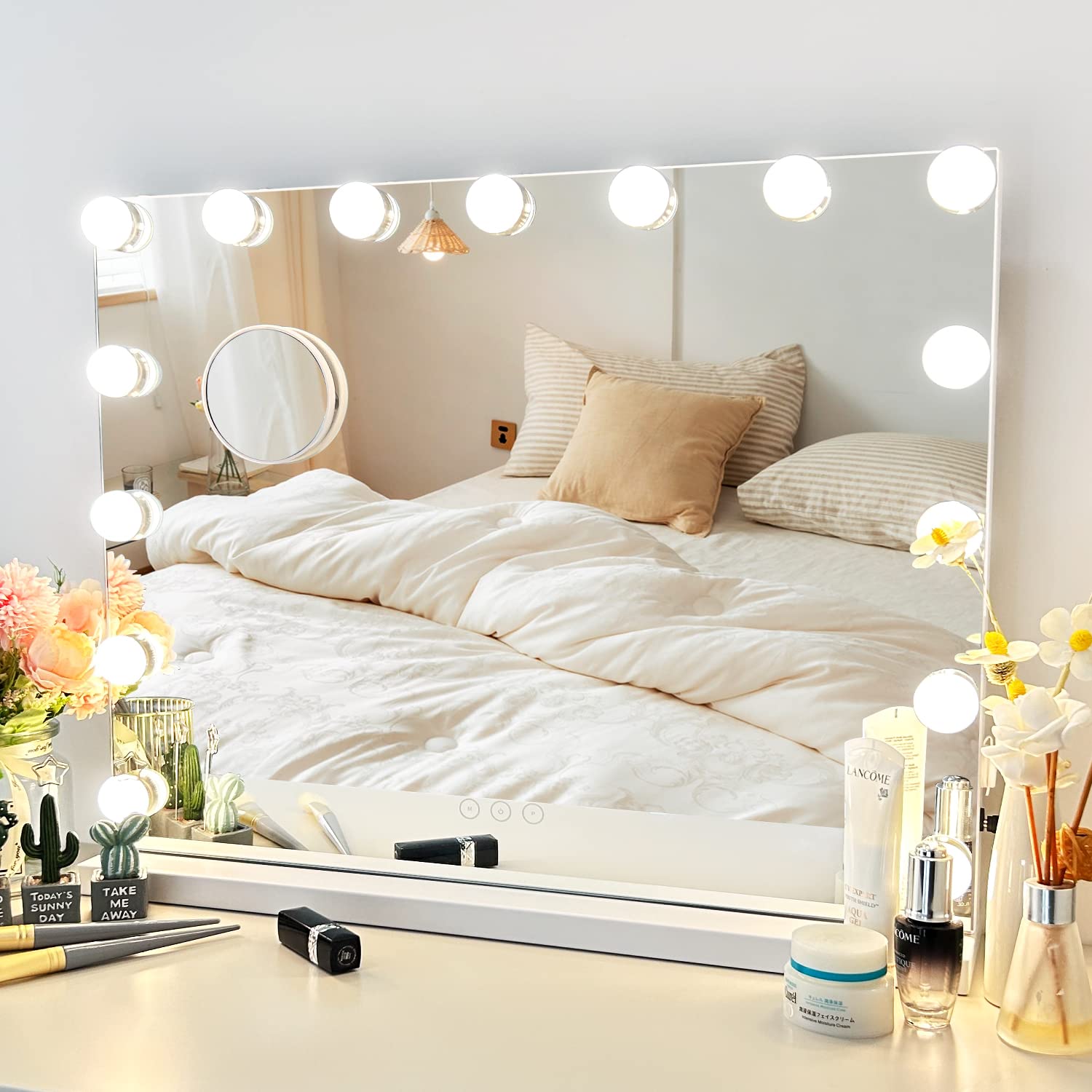 NUSVAN Vanity Mirror with Lights Lighted Makeup Mirror with 15 Dimmable LED Bulbs,3 Color Lighting Modes,USB Charging Port Touch