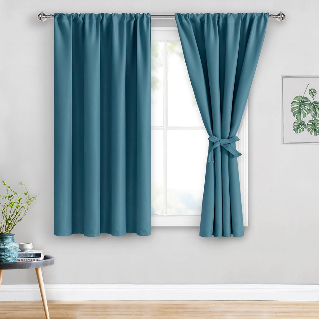 Jiuzhen Blackout Curtains For Bedroom - Thermal Insulated Room Darkening Rod Pocket Curtains For Living Room, Set Of 2 Panels With Tiebacks, 38 X 54 Inches Long, Stone Blue