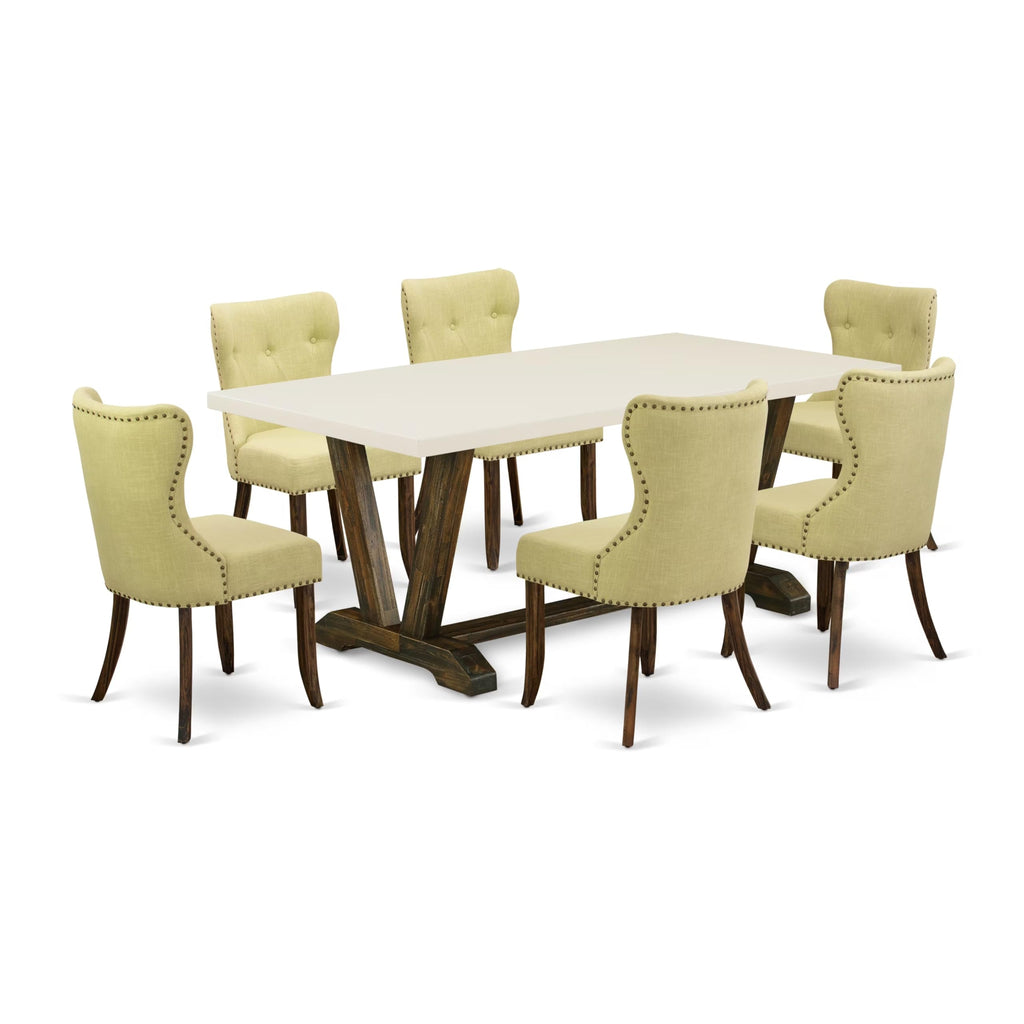 East West Furniture V727Si737-7 7 Piece Dining Room Furniture Set Consist Of A Rectangle Dining Table With V-Legs And 6 Limelight Linen Fabric Parsons Chairs, 40X72 Inch, Multi-Color