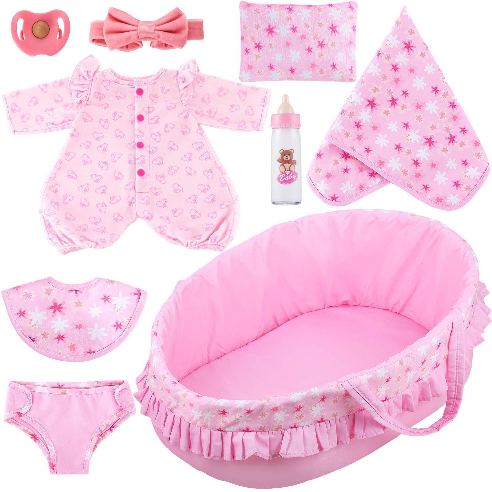 GAGAKU Baby Doll Bassinet, 18 Inch Baby Doll Accessories Set, Baby Dolls Carrier Bassinet with Reborn Doll Accessories for Girls