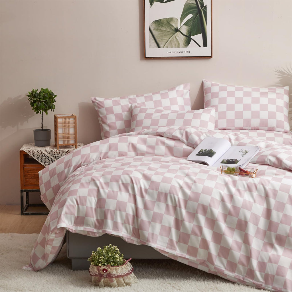 Clothknow Pink White Plaid Twin Comforter Set 3Pcs Grid Bedding Comforter Sets Blush Comforters Soft Checker Pink Comforter And 2 X Pillowcases