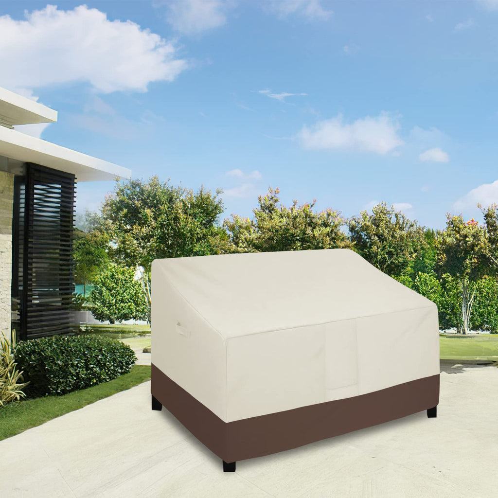 Easy-Goinchg Waterproof Outdoor Couch Cover, Heavy Duty 3-Seater Patio Sofa Cover, Winchdproof Outdoor Furniture Cover With Air Vent (62Wx40Dx33H Inch, Beige/Dark Brown)