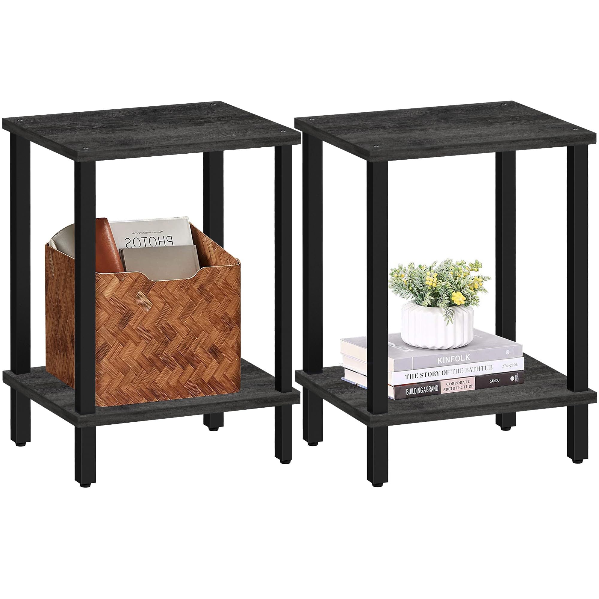 Tutotak End Table, Set Of 2, Side Table, Nightstand, 2-Tier Storage Shelf, Sofa Table For Small Space, Living Room, Bed Room, Charcoal Grey Tb01By035(2Pcs)