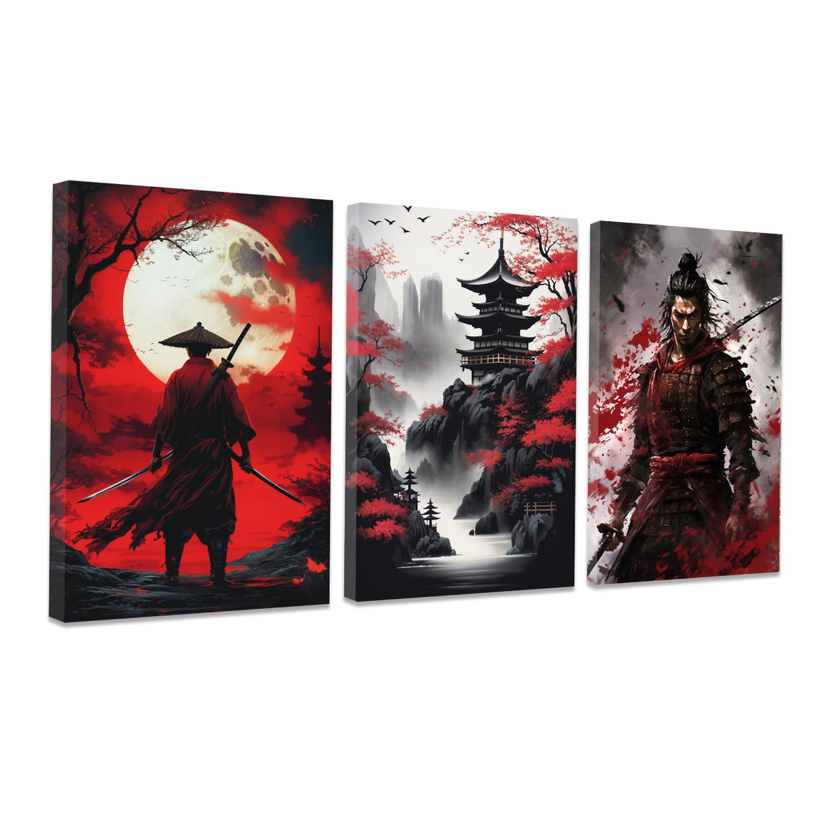 CCWACPP 3 Piece Samurai Wall Art Japan Painting Canvas Print Warrior Figure Pictures Bushido Posters Japanese Culture Theme Artwork Home Room Decor Framed (D, (12x16x3))