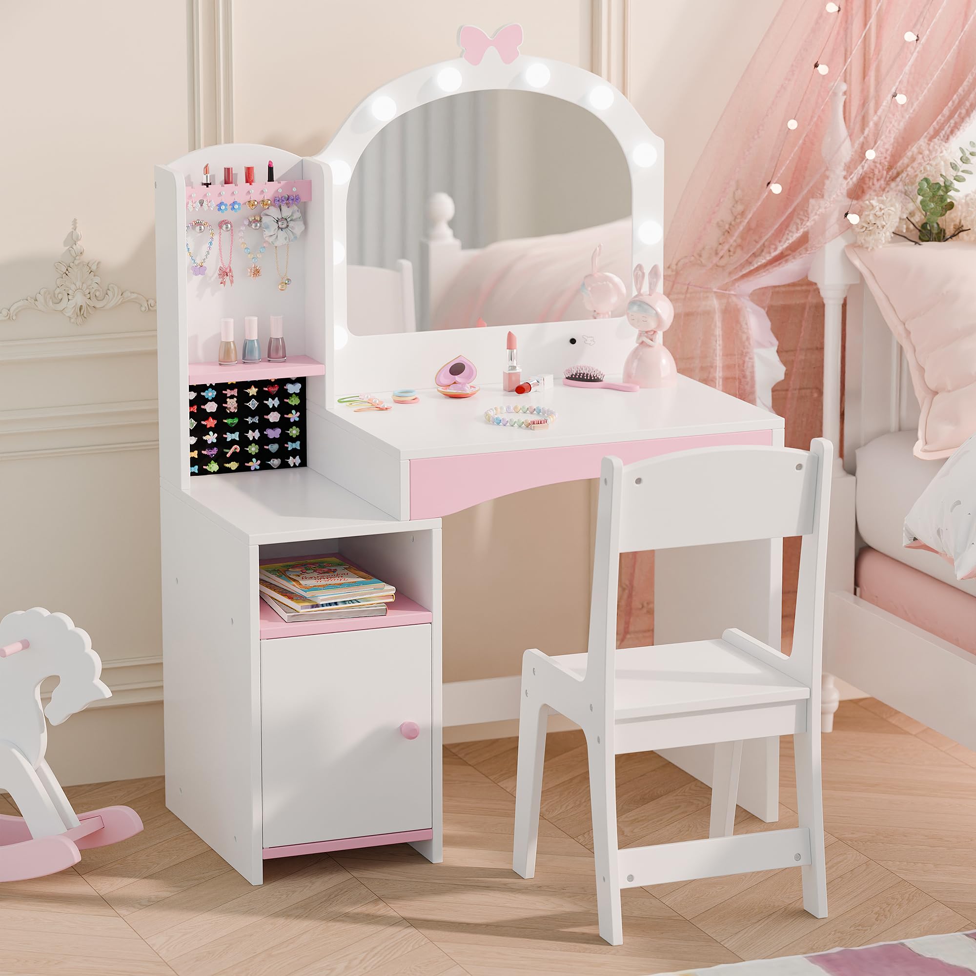 MU Kids Vanity, Girl Vanity Set with Mirror and Chair, 2 in 1 Toddler Makeup Vanity Table with Jewelry Storage, Wooden Princess 