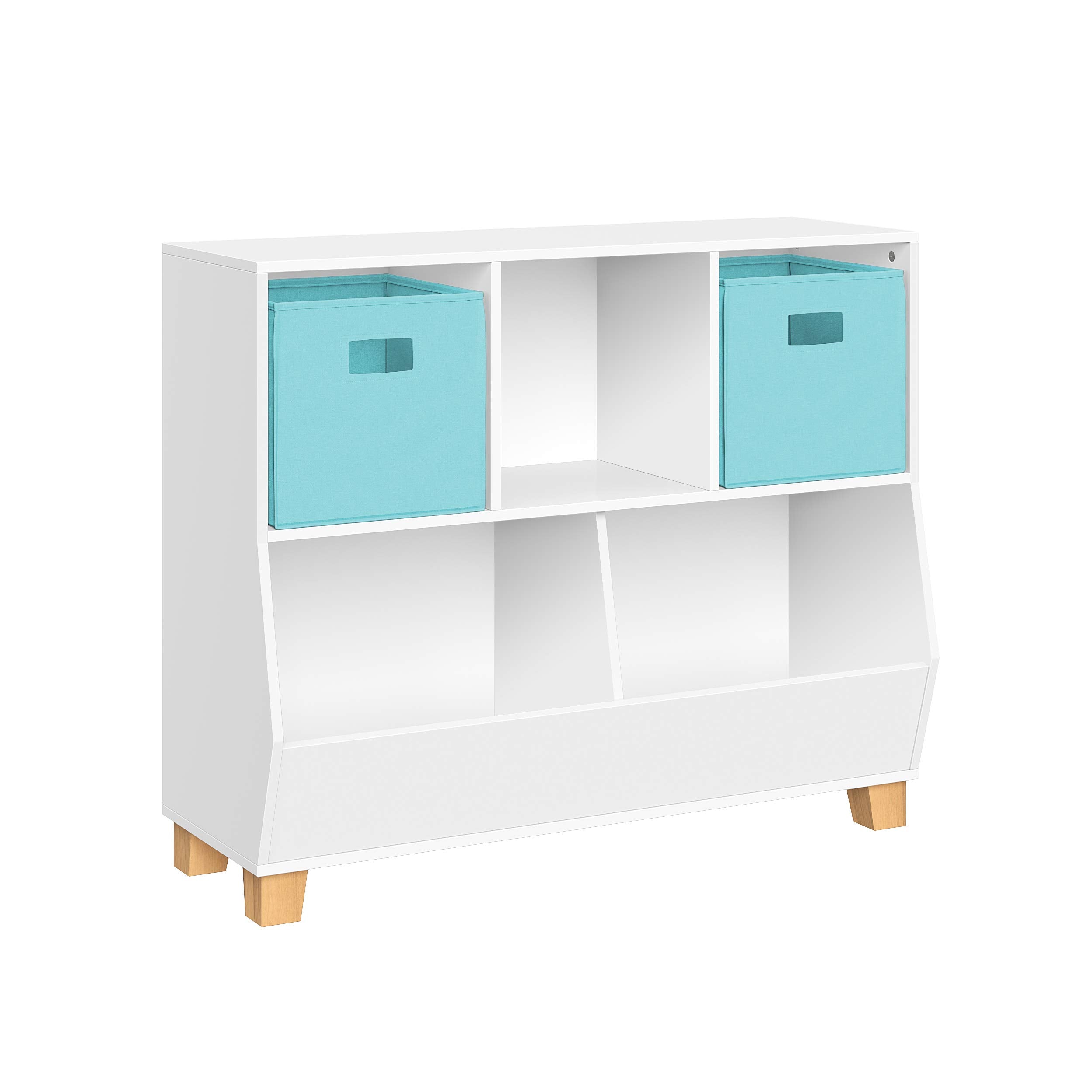 RiverRidge Catch-All Kids Toy Storage Organizer with 3 Cubbies and 2 Storage Bin Compartments - 35 Inch Wide White and 2 Aqua Fa