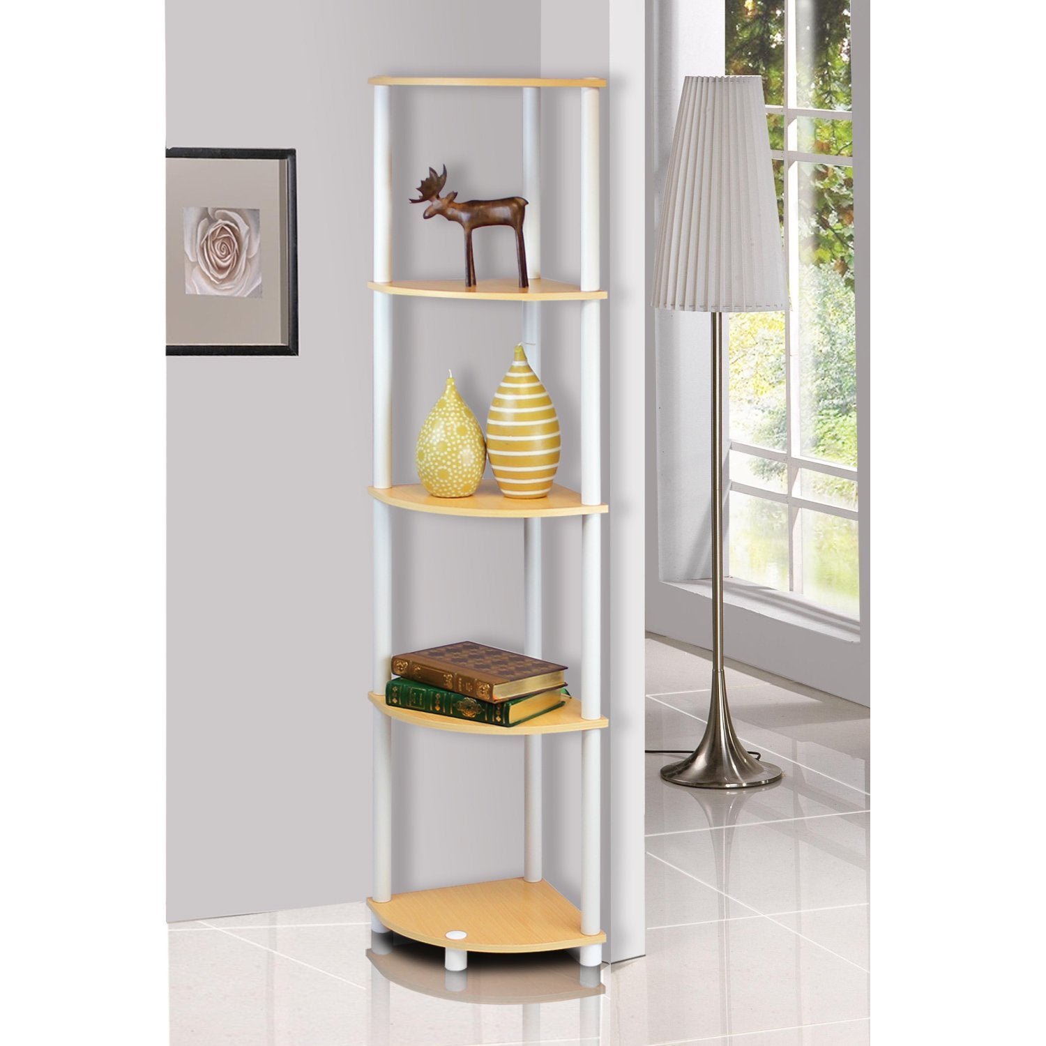 Furinno Turn-N-Tube Corner Display Rack Shelving Unit Beech/White/5-Tier/2 Pack