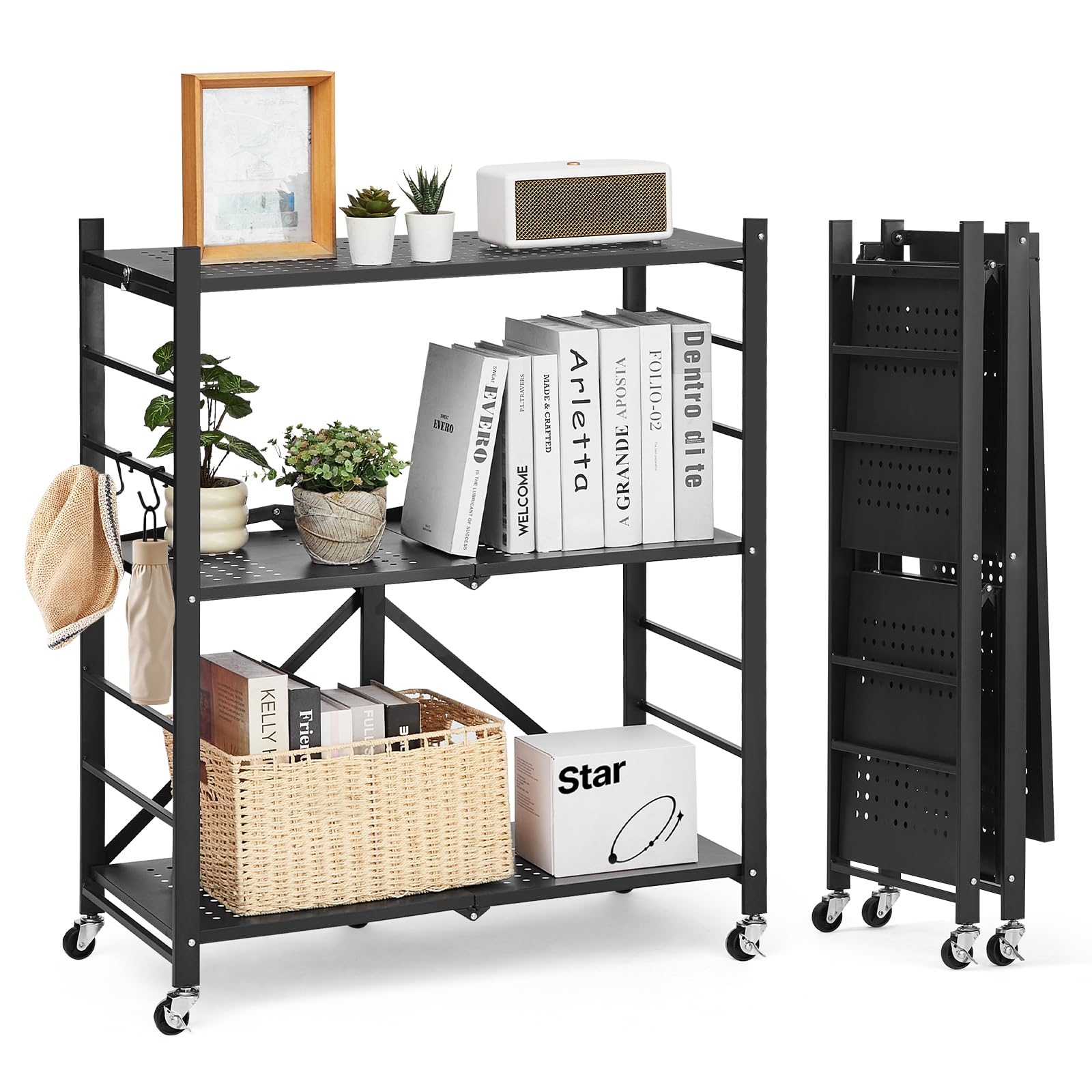 VEVOR 3-Tier Foldable Storage Shelf, 30W x 13D x 36H Inch Folding Metal Rack Shelving Unit, No Assembly Organizer Shelf with 5 W